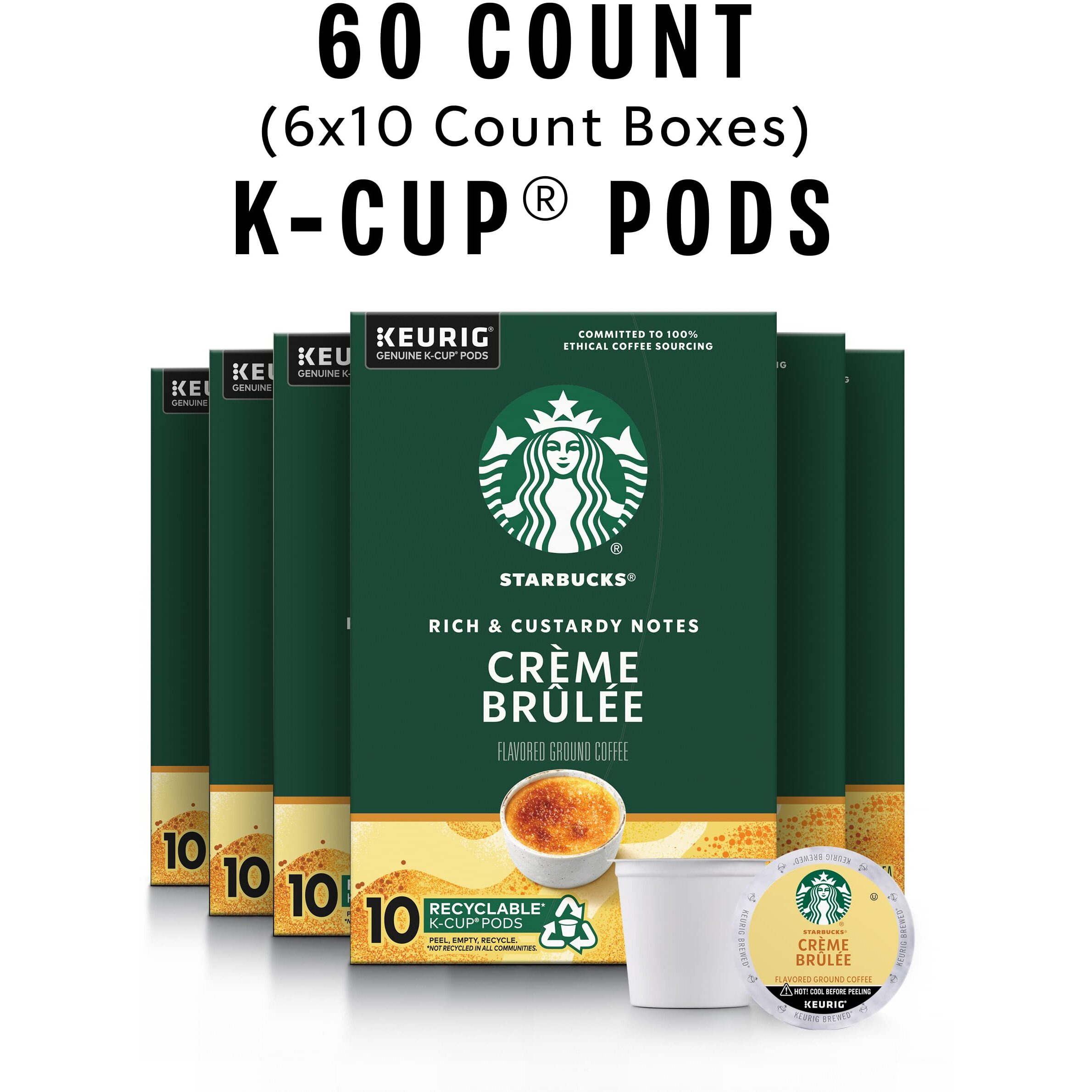 Starbucks K-Cup Coffee Pods, Crme Brl  E Flavored Coffee, Naturally Flavored, 100% Arabica, 6 Boxes (60 Pods Total)