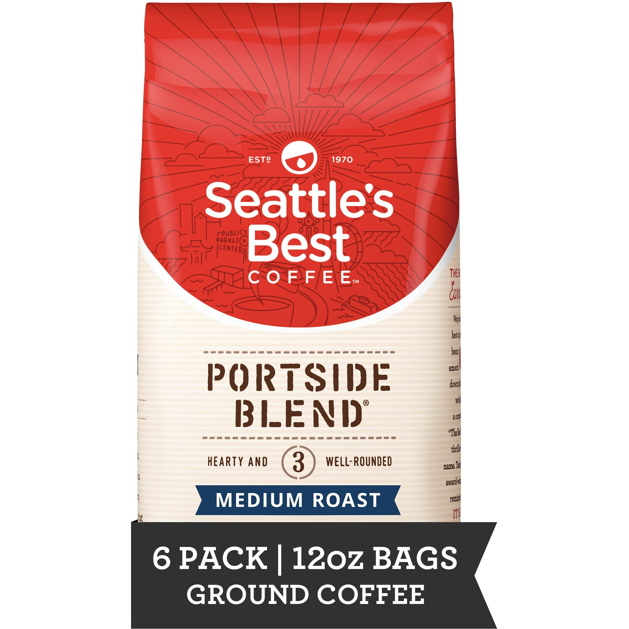 Seattle's Best Coffee Portside Blend Medium Roast Ground Coffee | 12 Ounce Bags (Pack Of 6)