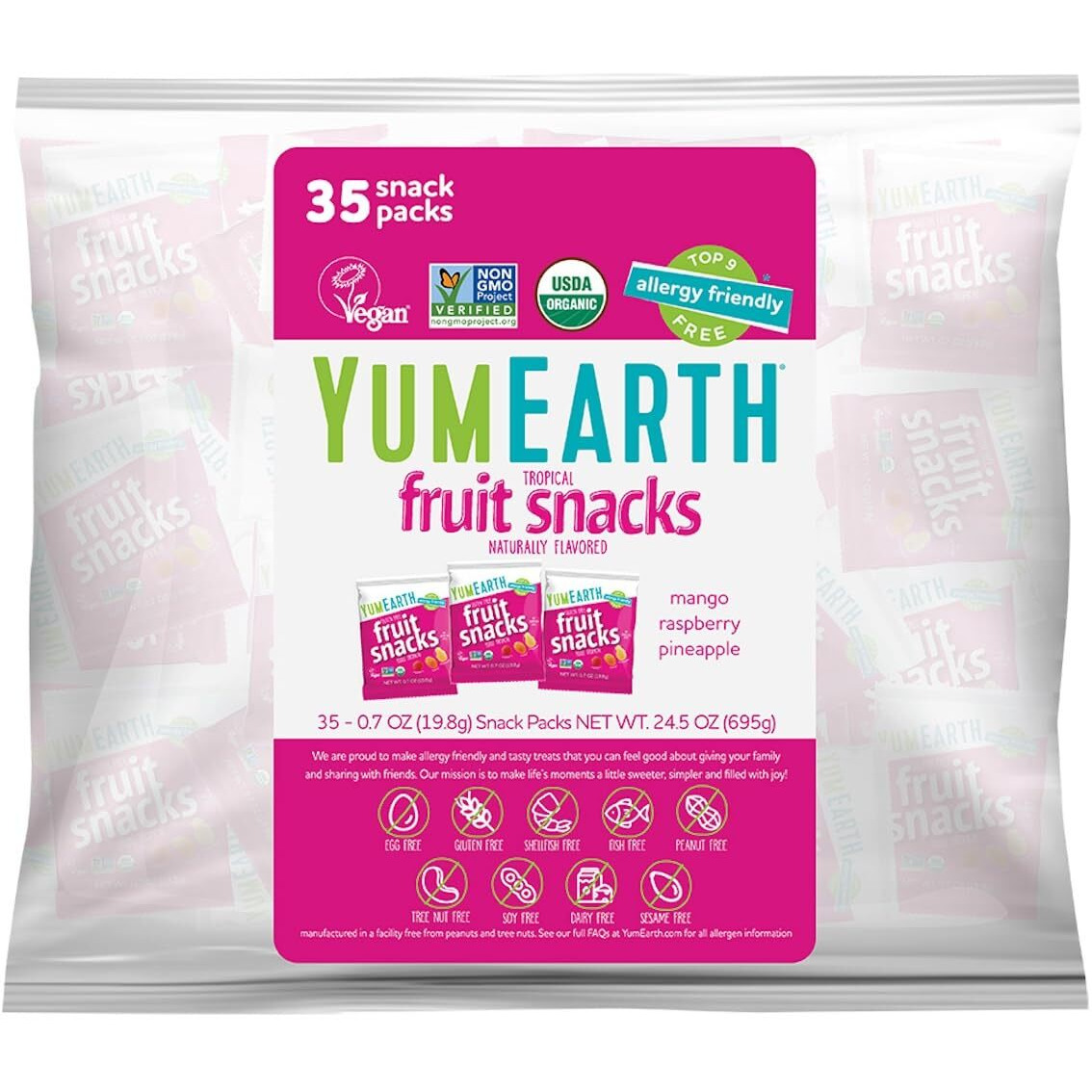Yumearth Organic Tropical Fruit Snacks - Fruit Gummies Snack Packs, Gluten Free Snacks For Kids - Allergy Friendly, Non-Gmo, Vegan, No Artificial Flavors Or Dyes - 0.7 Oz. (Pack Of 35)