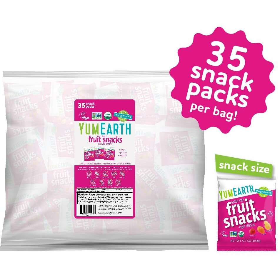 Yumearth Organic Tropical Fruit Snacks - Fruit Gummies Snack Packs, Gluten Free Snacks For Kids - Allergy Friendly, Non-Gmo, Vegan, No Artificial Flavors Or Dyes - 0.7 Oz. (Pack Of 35)