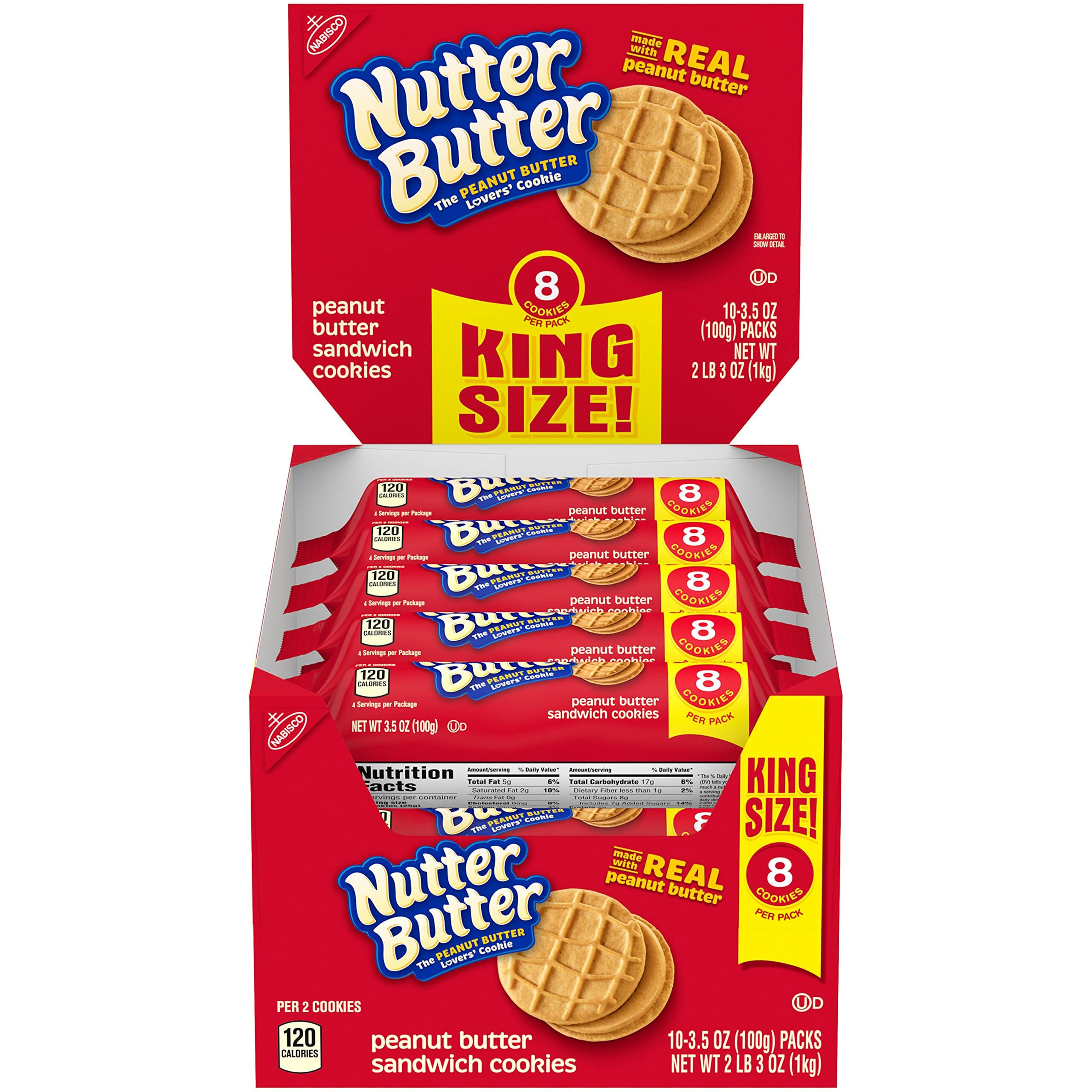 Nutter Butter Peanut Butter Sandwich Cookies, King Size, 10-3.5 Oz Snack Packs