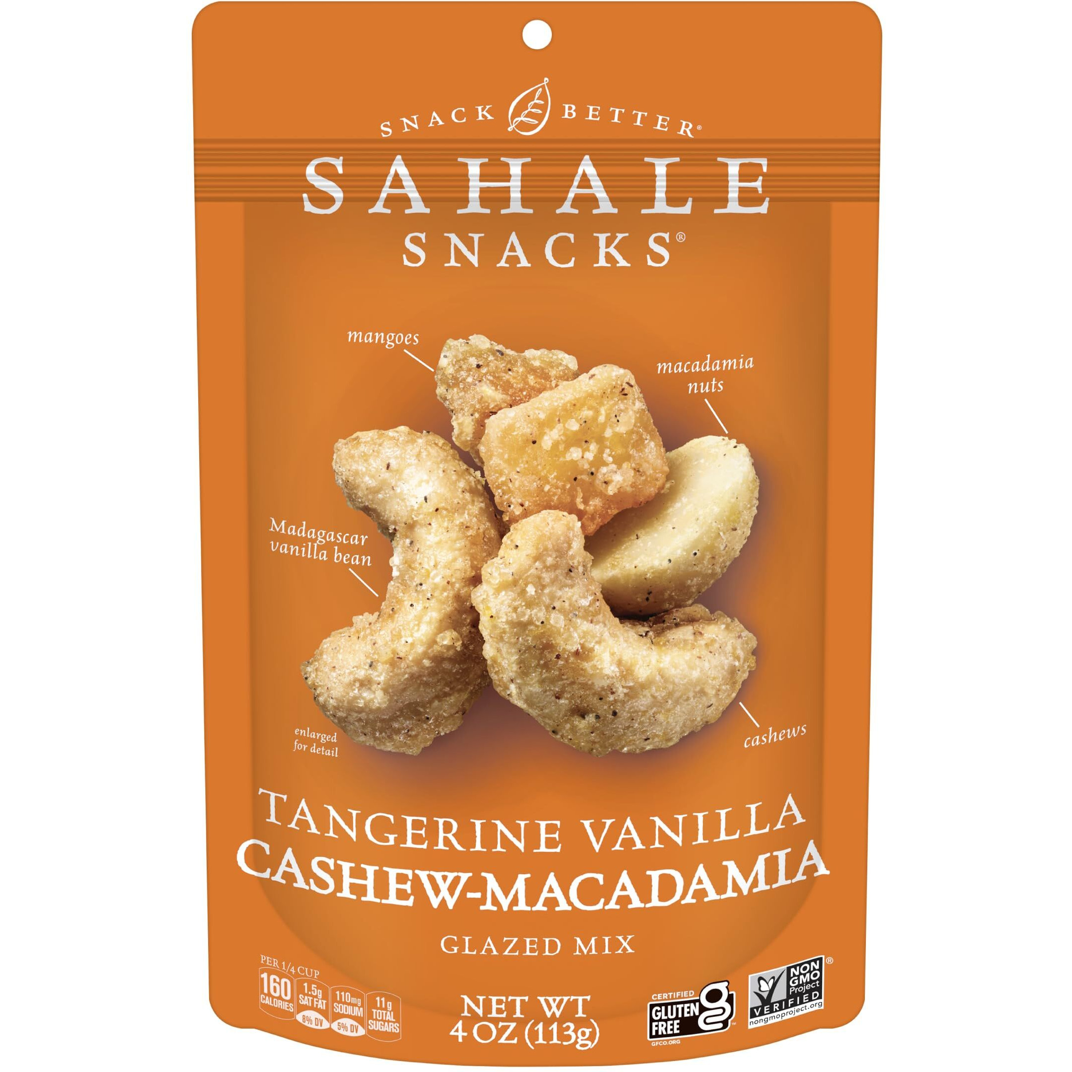 Sahale Snacks Tangerine Vanilla Cashew-Macadamia Glazed Mix, 4 Oz Pouches (6 Packs) - Dry-Roasted Deluxe Mixed Nuts With Mangoes & Madagascar Vanilla - Non-Gmo, Kosher, & Certified Gluten-Free Snacks