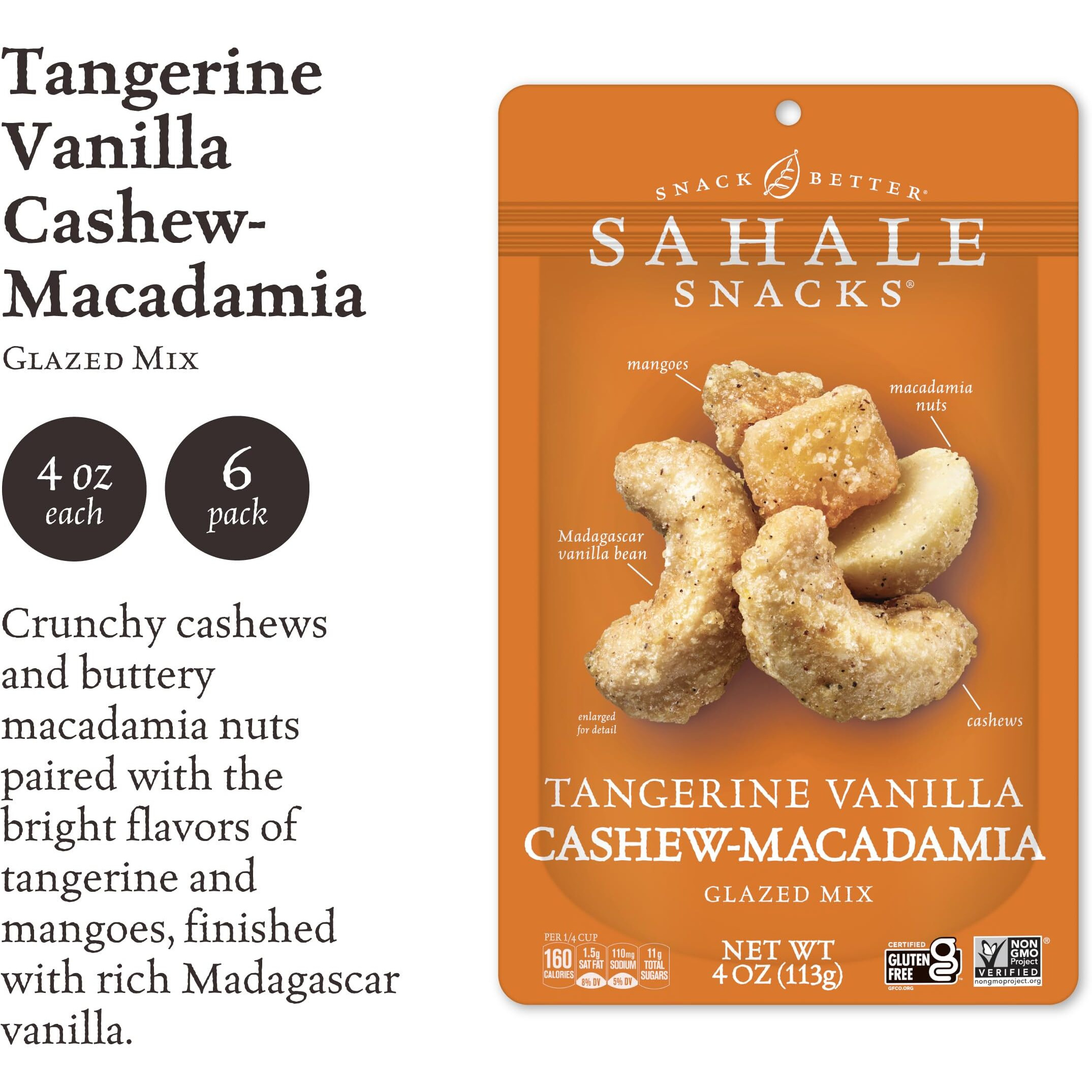 Sahale Snacks Tangerine Vanilla Cashew-Macadamia Glazed Mix, 4 Oz Pouches (6 Packs) - Dry-Roasted Deluxe Mixed Nuts With Mangoes & Madagascar Vanilla - Non-Gmo, Kosher, & Certified Gluten-Free Snacks
