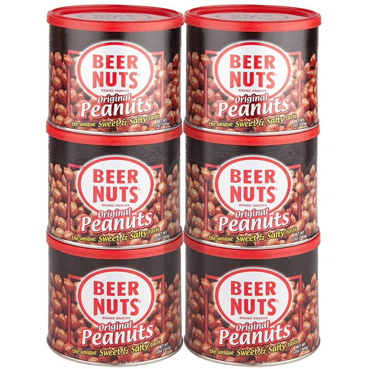 Beer Nuts Original Peanuts - Travel Size Sweet & Salty Bar Nuts - Gluten Free, Kosher, Low Sodium Peanut Snacks Made In The Usa - 12Oz Resealable Can (Pack Of 6)