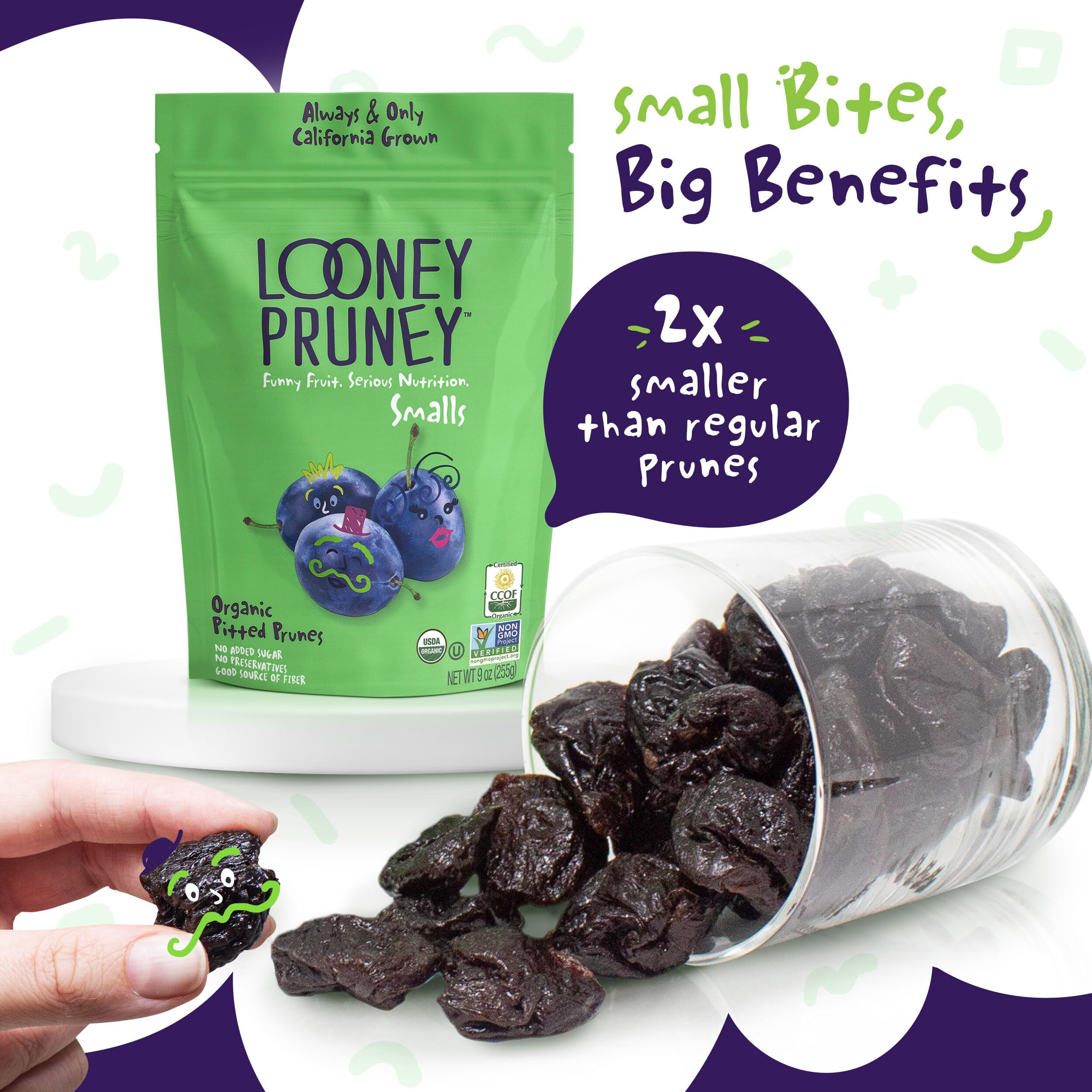 Looney Pruney Smalls Fruit Snacks | Naturally Sweet Bite-Sized Prunes | Organic Fruit Snack Packs For Kids & Adults | Vegan Food With No Added Sugar & Preservatives | Kosher | 9 Oz. (Pack Of 6)