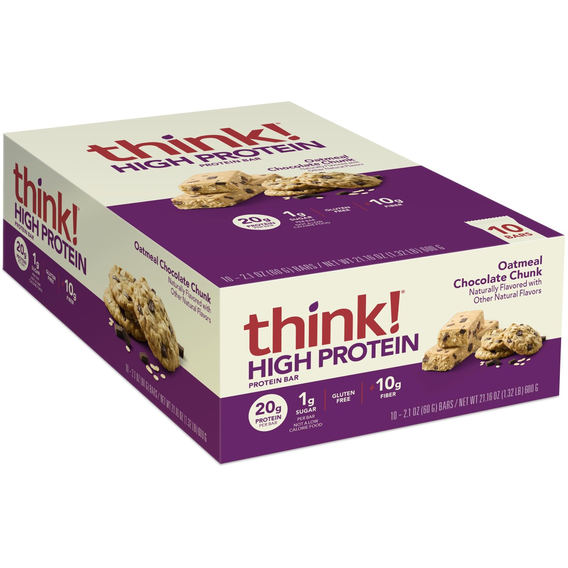 Think Protein Bars, High Protein Snacks, Gluten Free, Kosher Friendly, Oatmeal Chocolate Chunk, 10 Count
