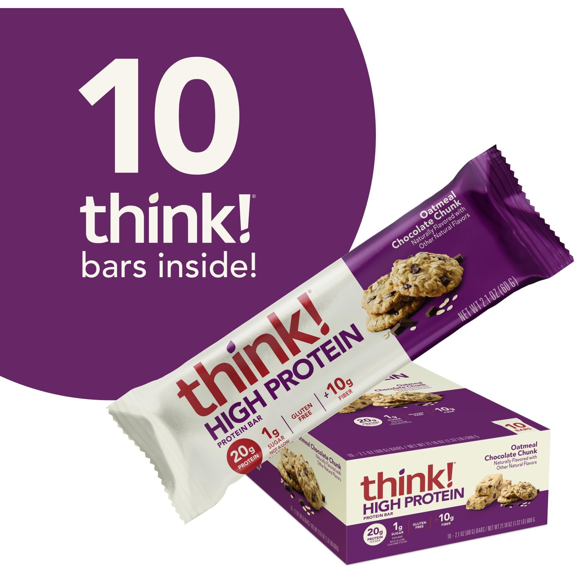 Think Protein Bars, High Protein Snacks, Gluten Free, Kosher Friendly, Oatmeal Chocolate Chunk, 10 Count