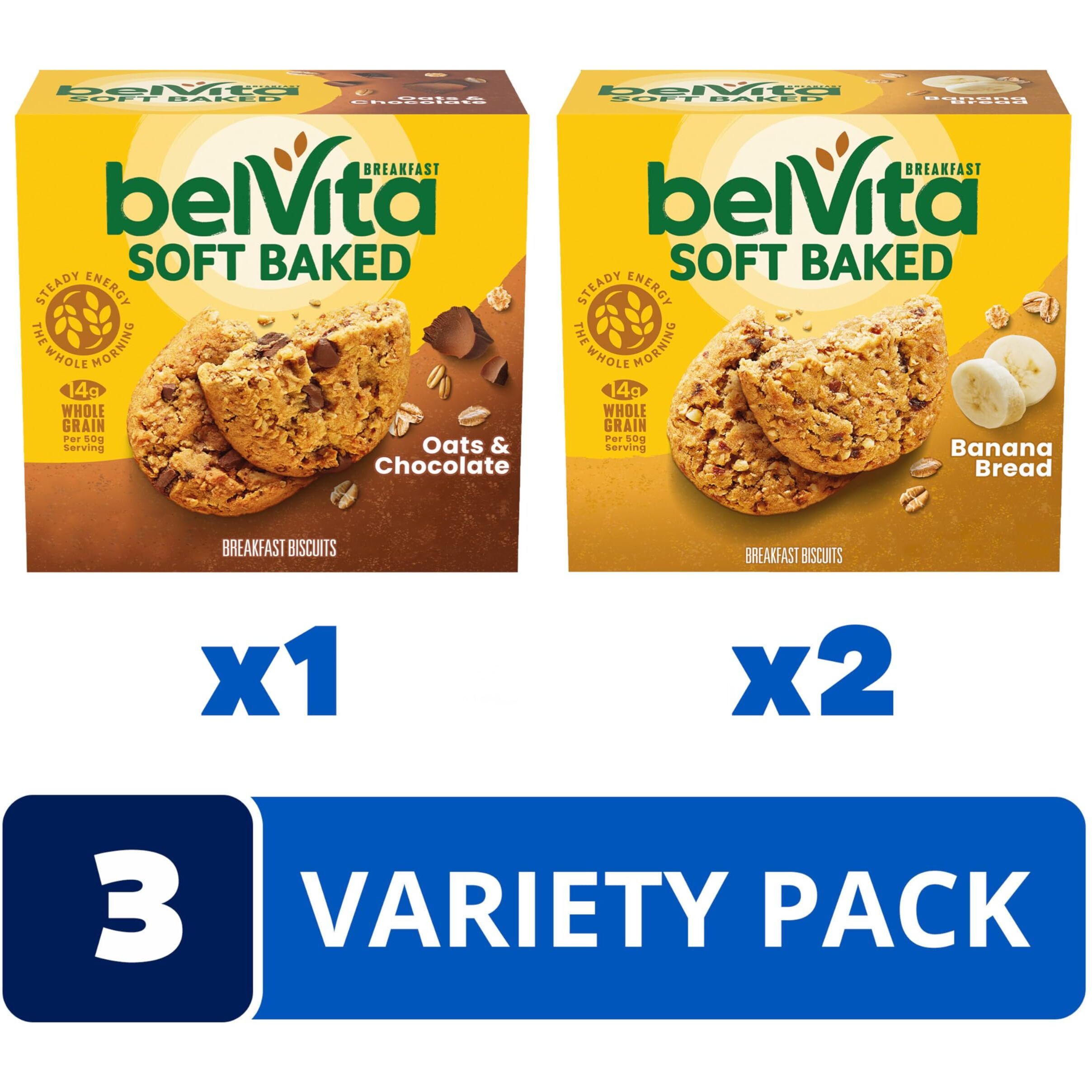 Belvita Soft Baked Breakfast Biscuits Variety Pack With Banana Bread And Oats And Chocolate, 15 Total Packs, 3 Boxes (1 Biscuit Per Pack)