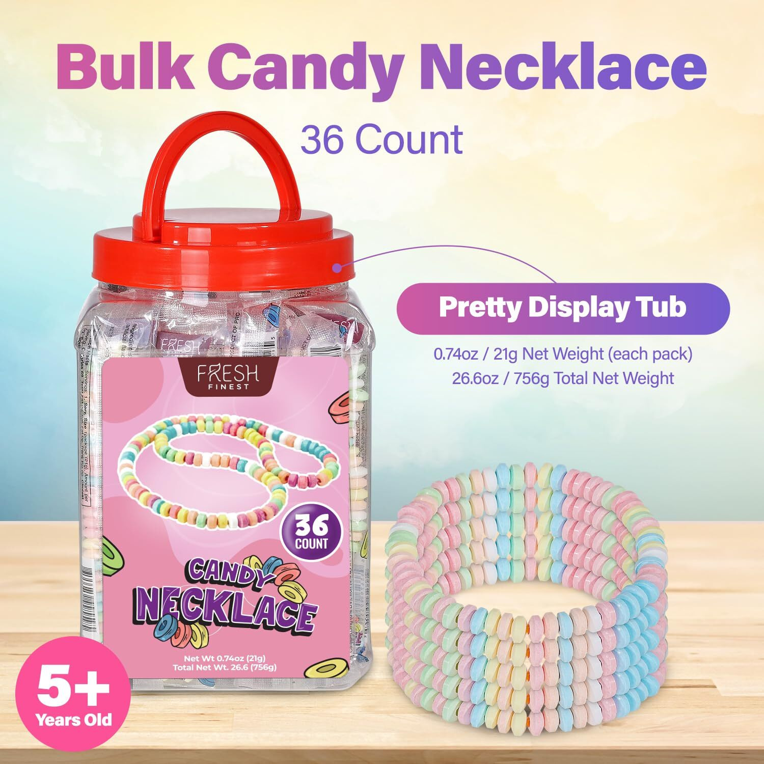 Fresh Finest 36-Count Bulk Candy Necklaces - Individually Wrapped Novelty Candy Necklaces. Ideal For Party Favors, Goody Bags, Candy Buffets, And Retro-Themed Events.
