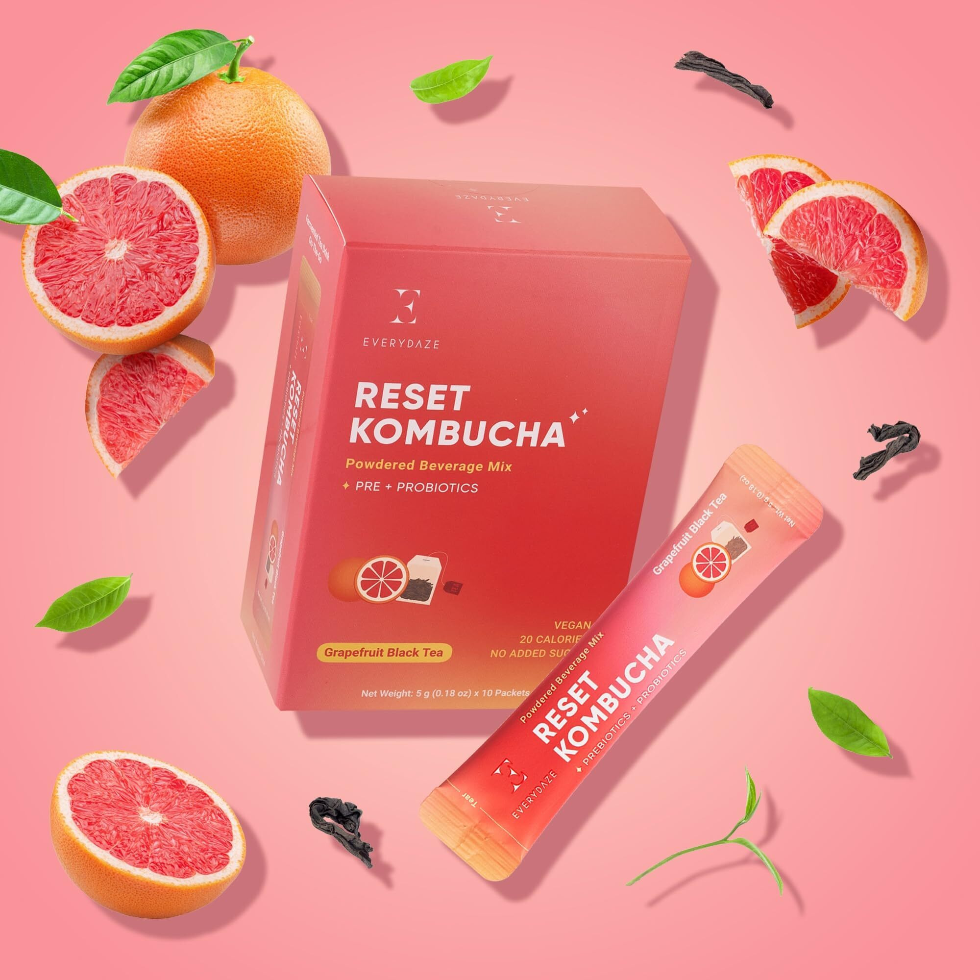 Everydaze Reset Kombucha Tea Powdered Beverage Mix | 10 Sticks | Prebiotics + Probiotics | Vegan | No Added Sugar, Gluten Free, Sparkling Powder Drink Pack (Grapefruit Black Tea)