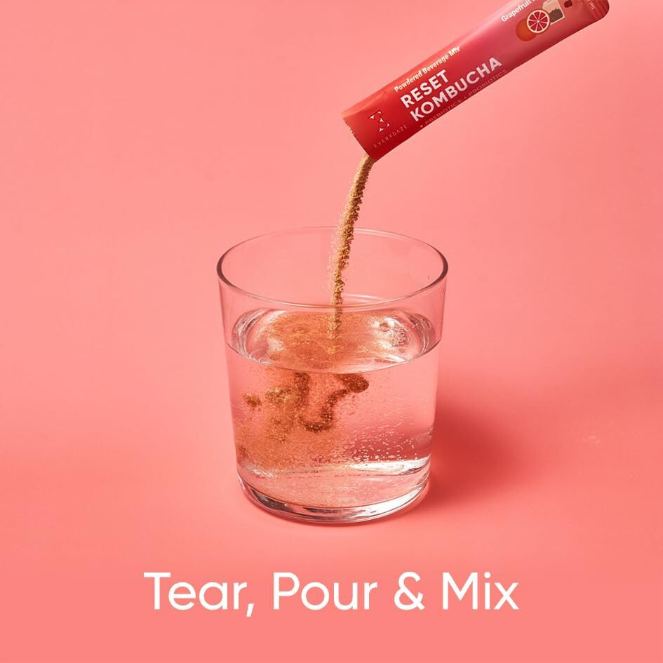 Everydaze Reset Kombucha Tea Powdered Beverage Mix | 10 Sticks | Prebiotics + Probiotics | Vegan | No Added Sugar, Gluten Free, Sparkling Powder Drink Pack (Grapefruit Black Tea)