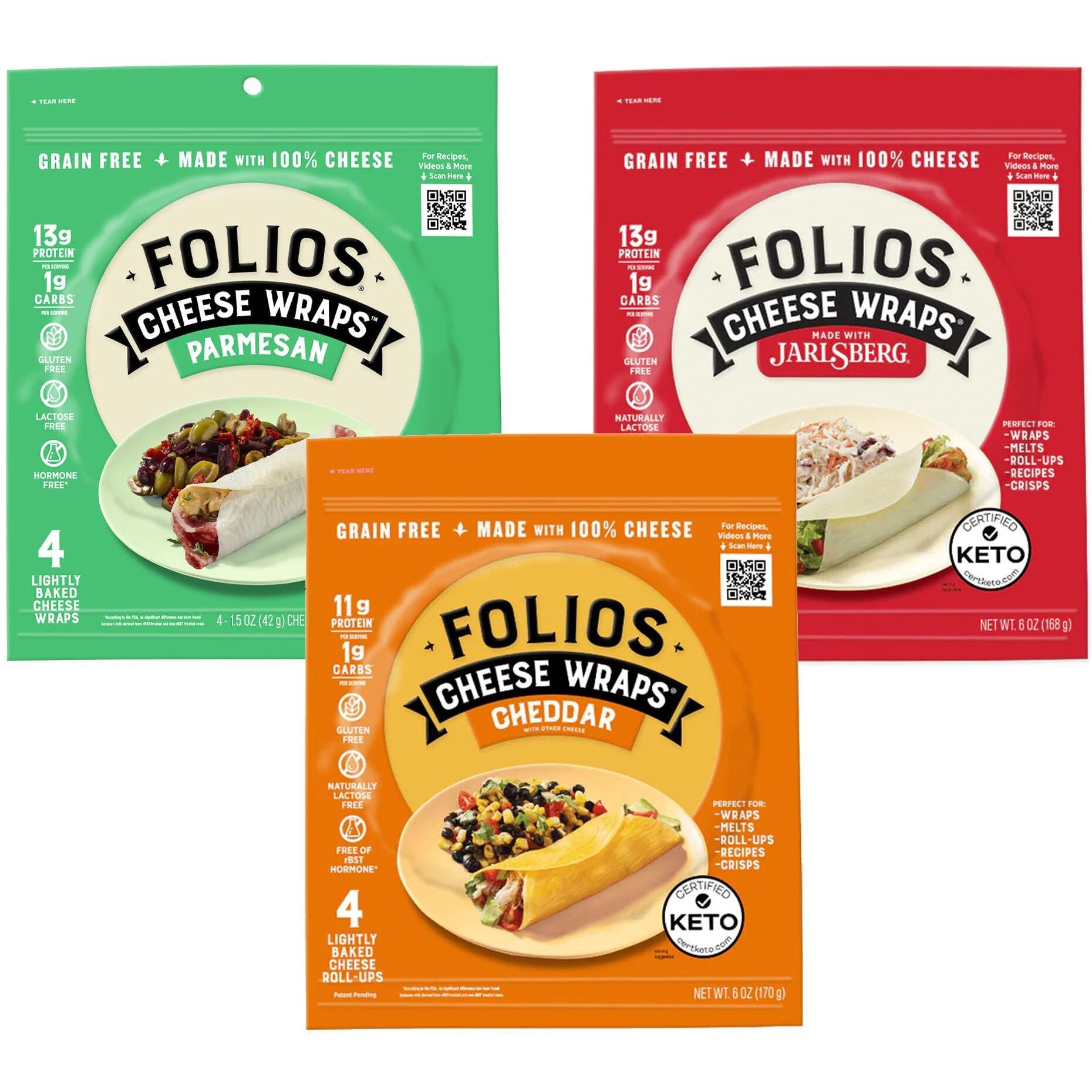 Folios 100% All Natural Cheese Wraps | Parmesan, Cheddar And Jarlsberg Flavor | Gluten Free, Grain Free And Naturally Lactose Free | Certified Keto | 1 Gr Of Carbs, 3 Pack Variety