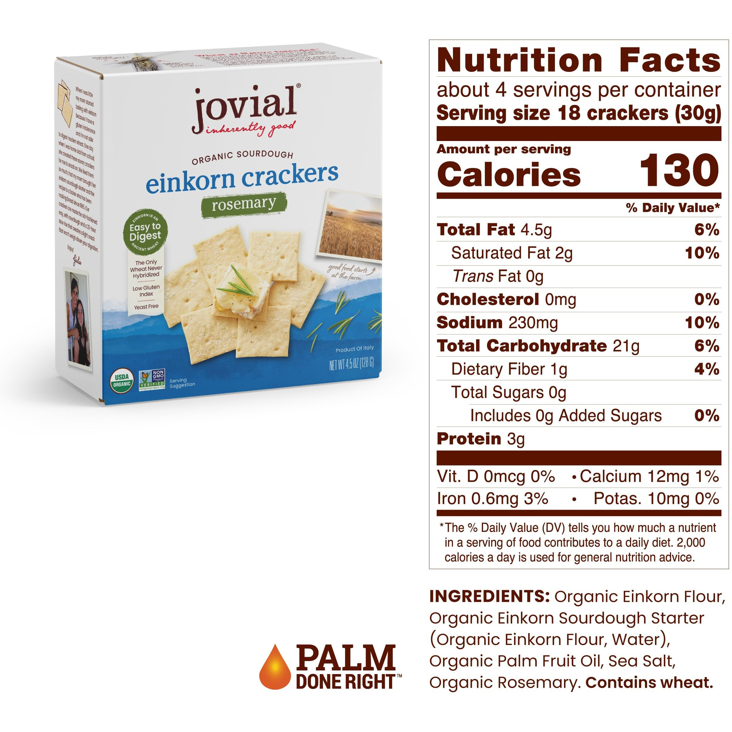 Jovial Organic Sourdough Einkorn Rosemary Crackers - Sourdough Crackers, Crackers For Cheese Platter, Made With Einkorn, Usda Organic, Non-Gmo - 4.5 Oz, 5 Pack