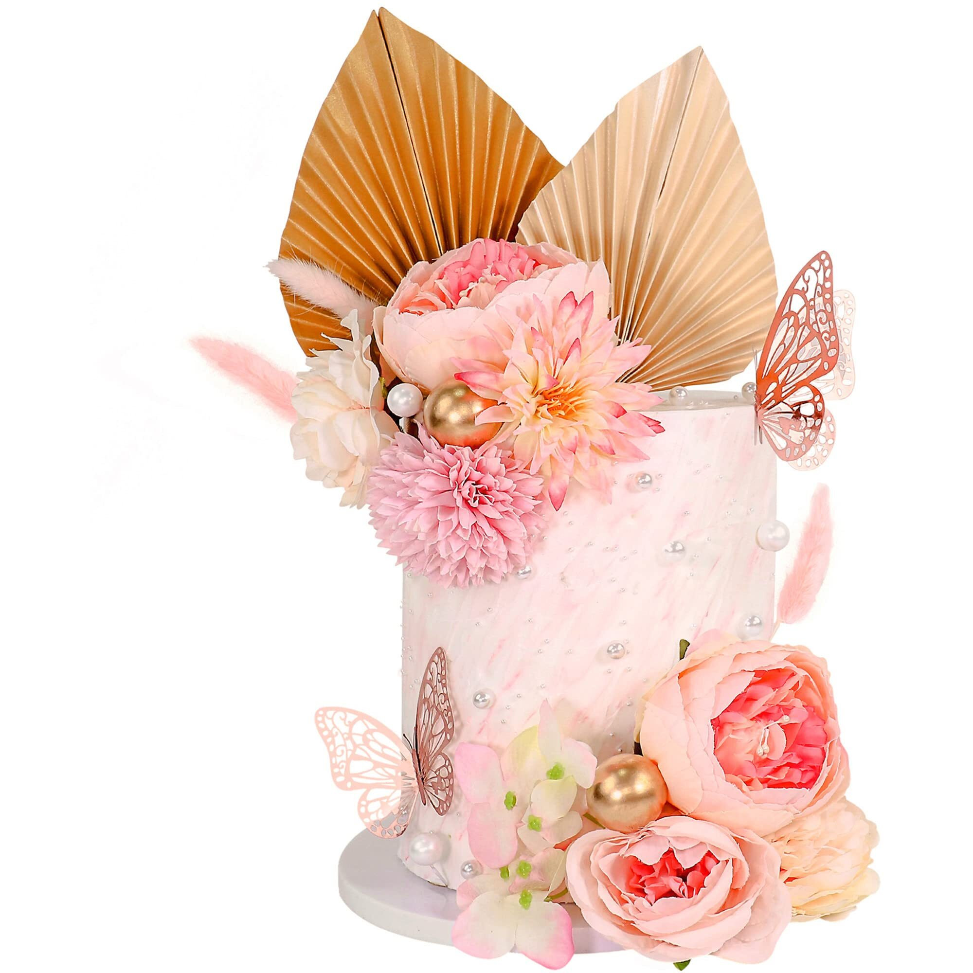 22 Pcs Boho Cake Topper Flower Cake Toppers Flower Palm Leaves Faux Flowers Butterfly Balls Butterfly Cake Topper Decorations Fall Baby Shower Wedding Birthday Holiday Party Supplies (Pink)
