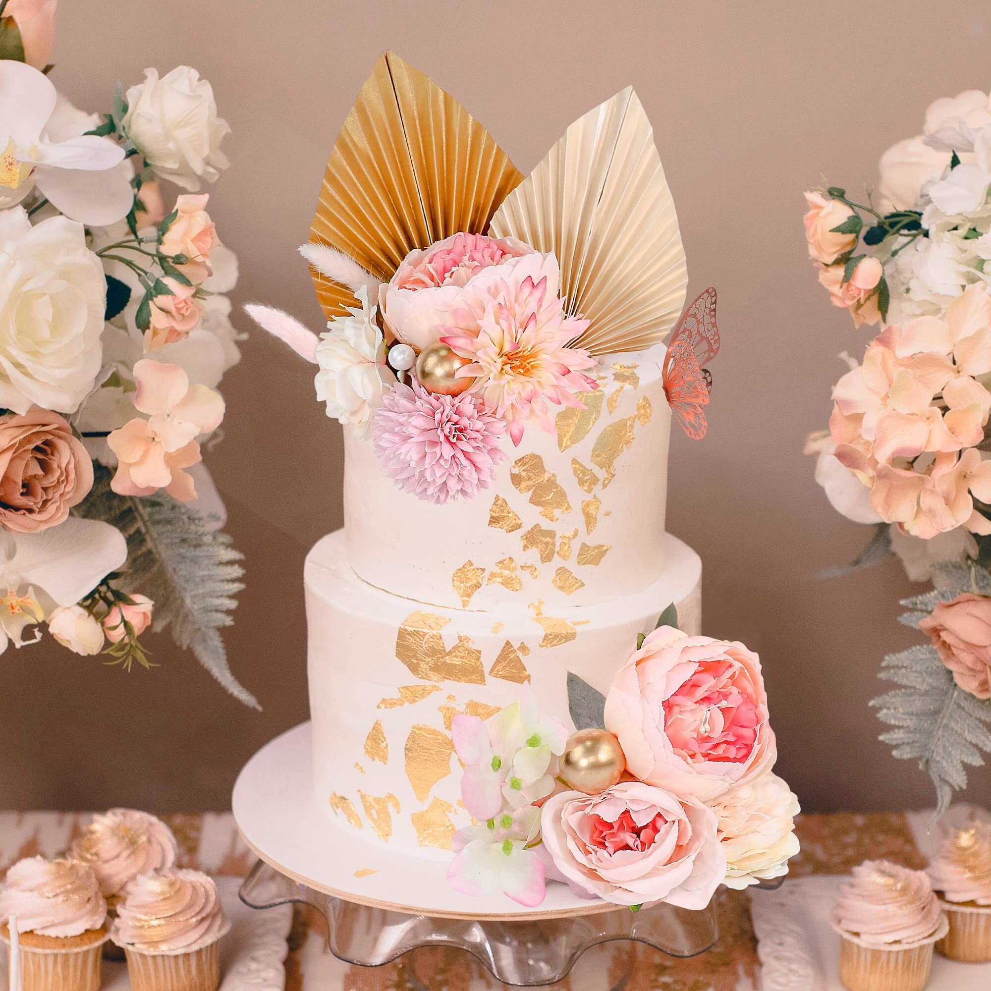 22 Pcs Boho Cake Topper Flower Cake Toppers Flower Palm Leaves Faux Flowers Butterfly Balls Butterfly Cake Topper Decorations Fall Baby Shower Wedding Birthday Holiday Party Supplies (Pink)
