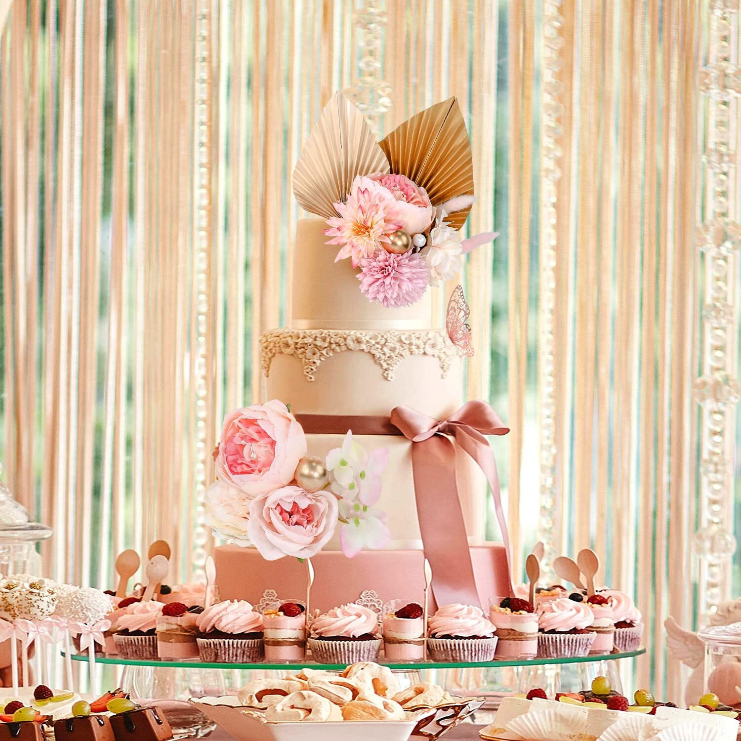 22 Pcs Boho Cake Topper Flower Cake Toppers Flower Palm Leaves Faux Flowers Butterfly Balls Butterfly Cake Topper Decorations Fall Baby Shower Wedding Birthday Holiday Party Supplies (Pink)
