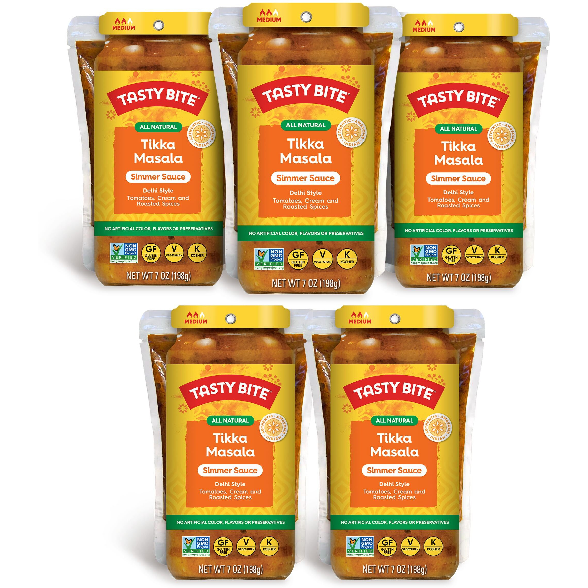 Tasty Bite Delhi Style Tikka Masala Simmer Sauce, 7-Ounce 5-Pack, 3-4 Servings Per Pouch, Vegetarian, Kosher, Non Gmo