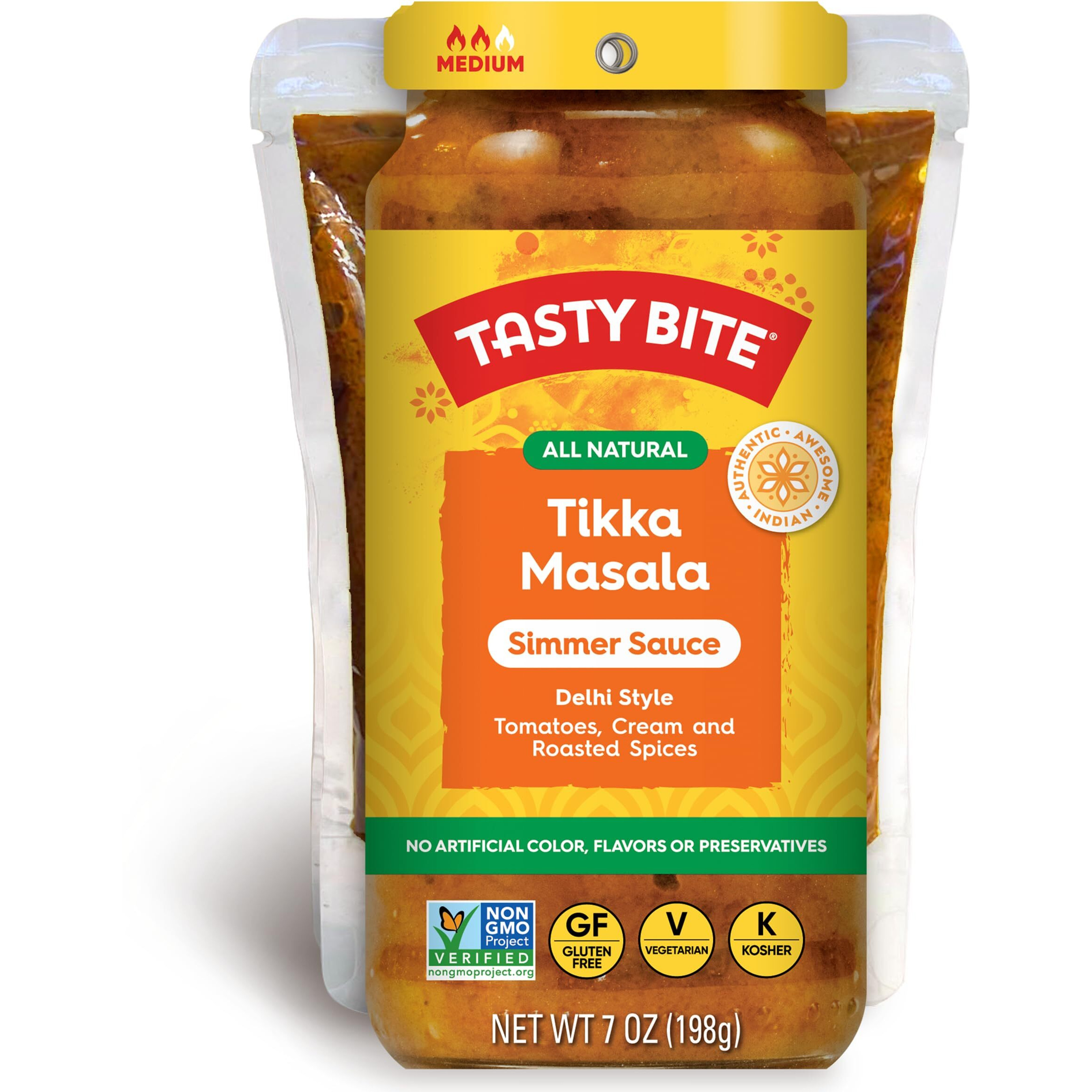Tasty Bite Delhi Style Tikka Masala Simmer Sauce, 7-Ounce 5-Pack, 3-4 Servings Per Pouch, Vegetarian, Kosher, Non Gmo