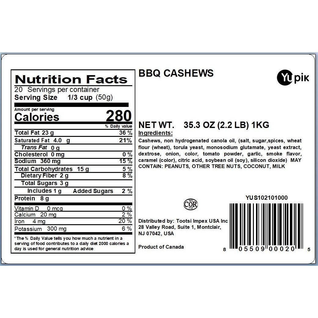 Yupik Bbq Cashews, 2.2 Lb, Kosher, Vegan, Roasted Salted Nuts, Seasoned Nuts With Spices, Unique Smoky Flavor, Source Of Protein & Iron, Crunchy, Savory Snacks