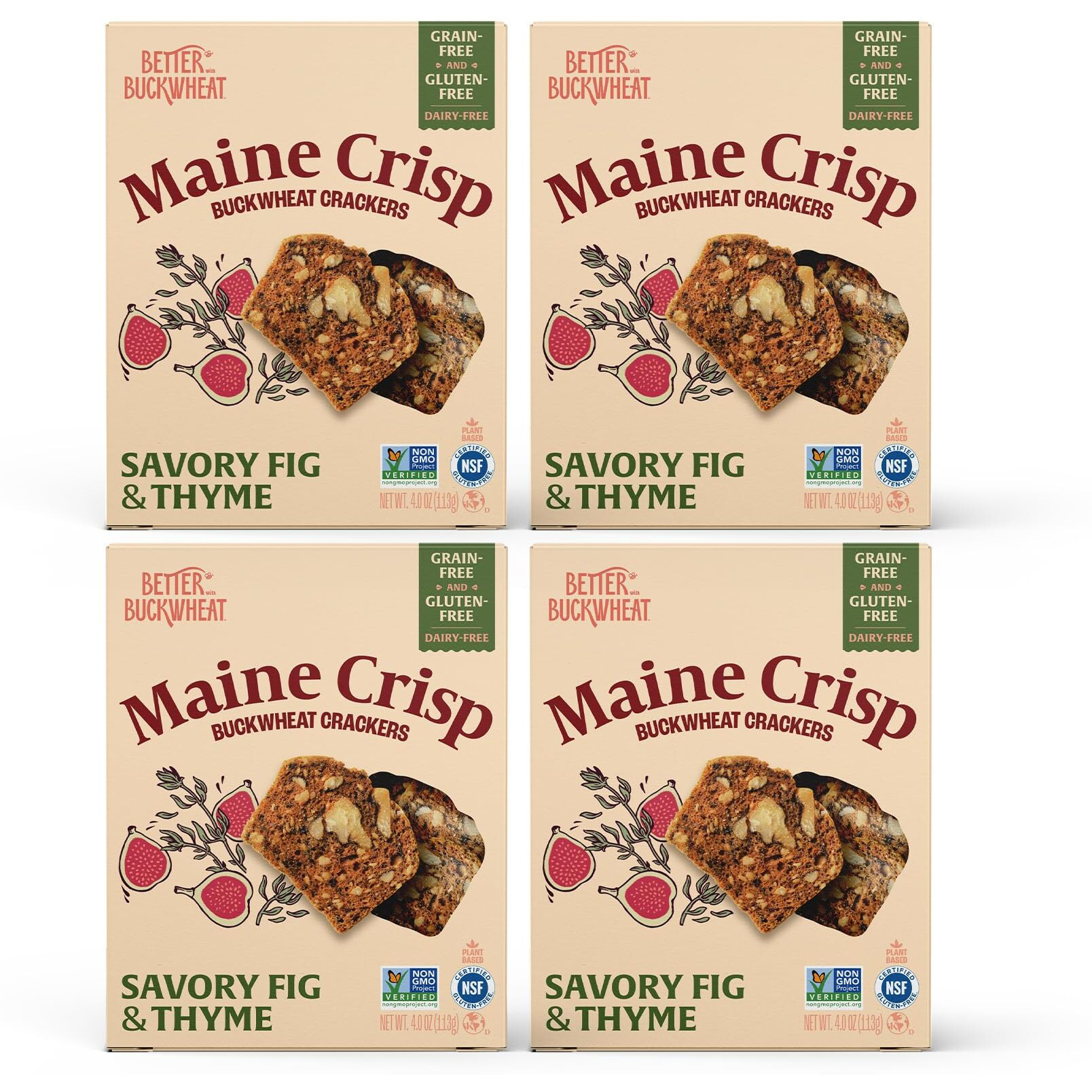Maine Crisp Savory Fig & Thyme Crisps, 4 Pack, Vegan Gluten Free Crackers - Snack Crackers, Grain Free, Dairy Free, Non-Gmo - Sweet & Savory Flavor, For Cheese Boards, Salad Toppings & Jams