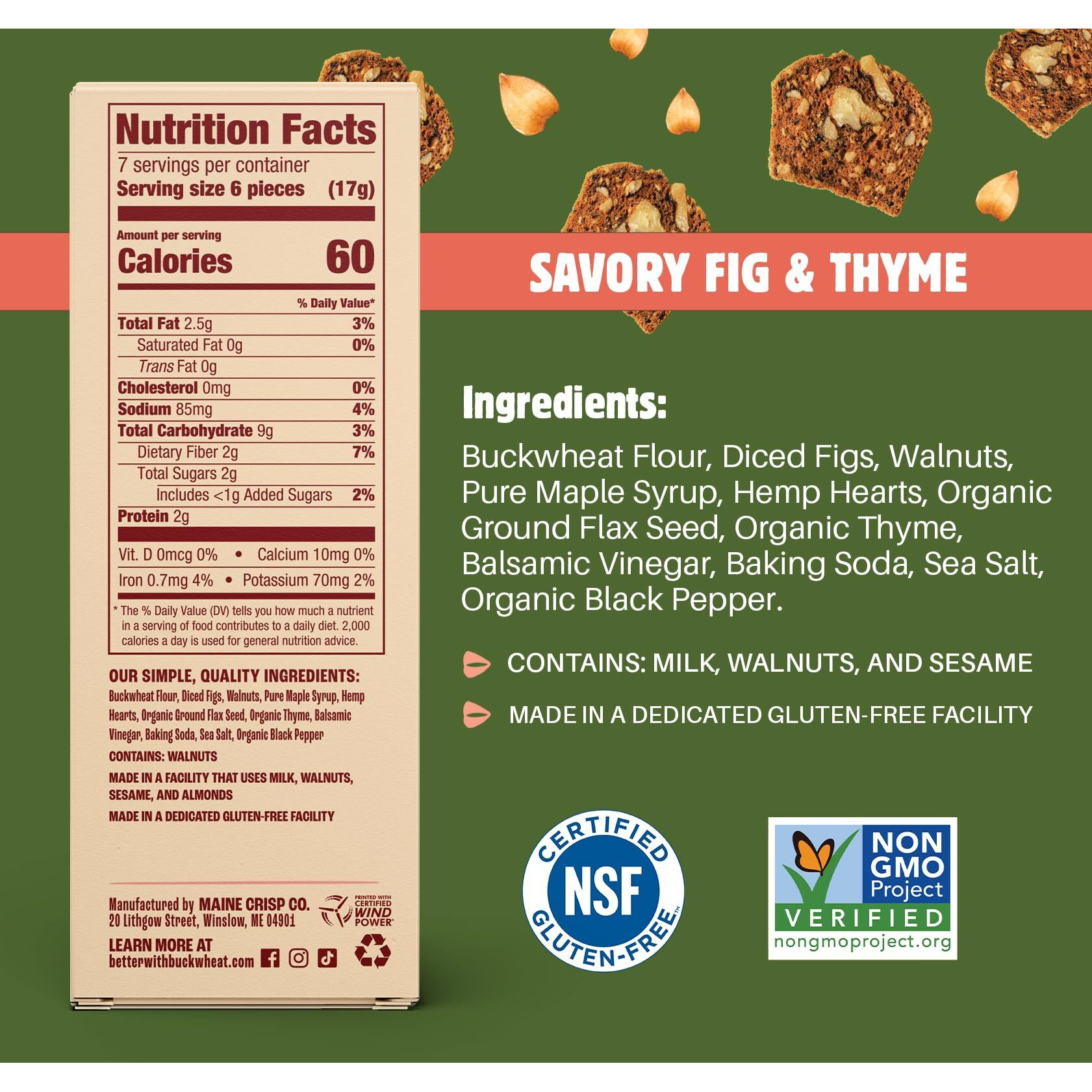 Maine Crisp Savory Fig & Thyme Crisps, 4 Pack, Vegan Gluten Free Crackers - Snack Crackers, Grain Free, Dairy Free, Non-Gmo - Sweet & Savory Flavor, For Cheese Boards, Salad Toppings & Jams