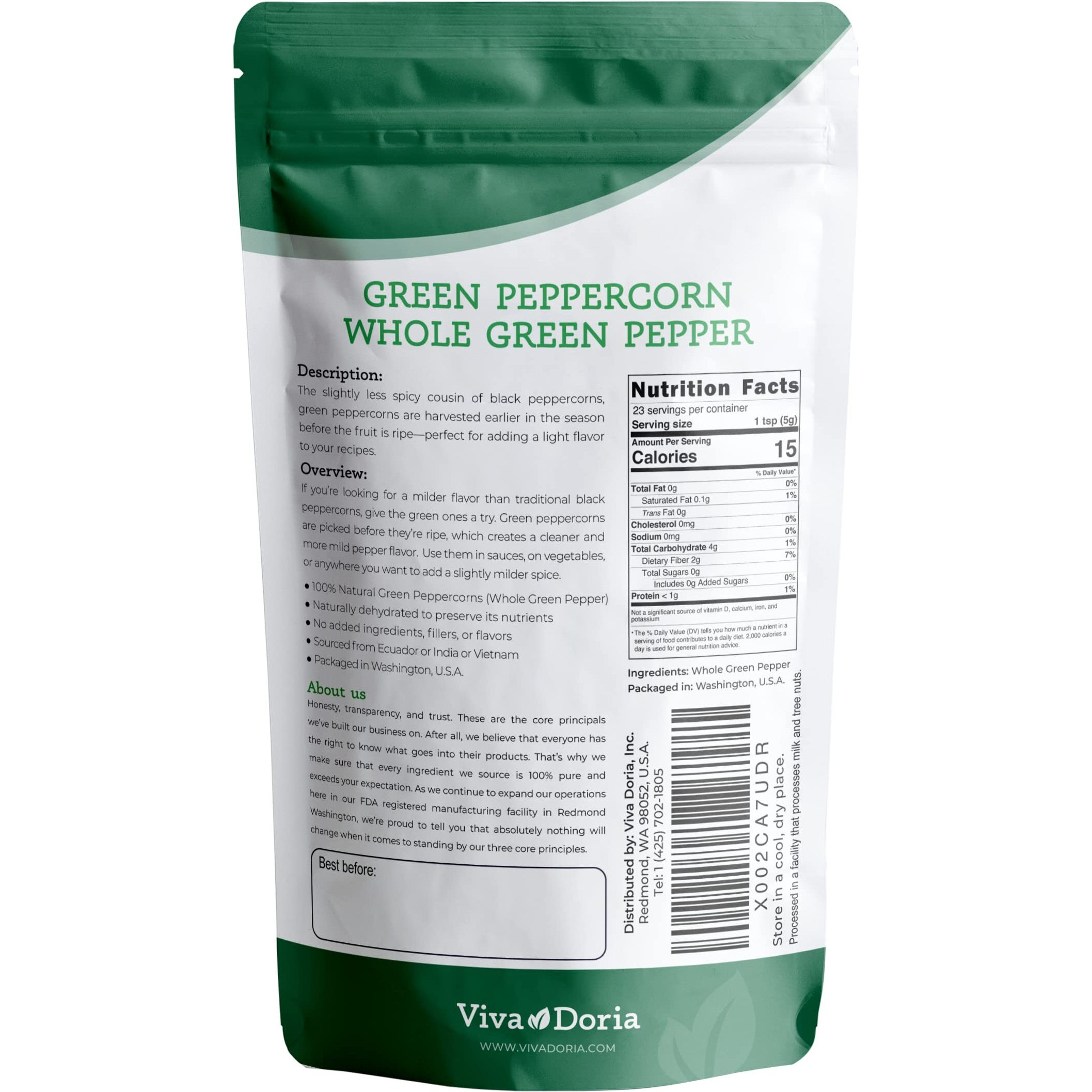 Viva Doria Green Peppercorns, Whole Green Pepper, Steam Sterilized, 4 Oz (85 G) For Grinder Refill