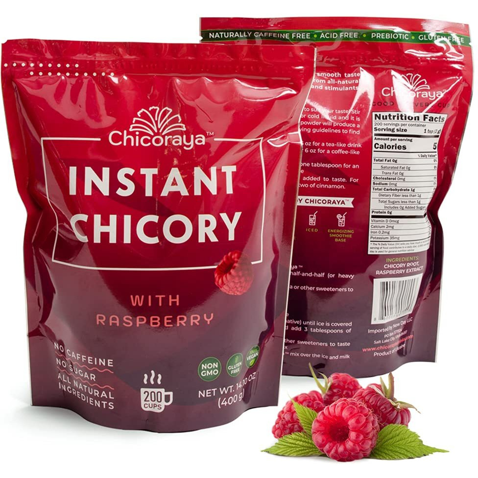Chicoraya Instant Chicory Cofee - Best For Decaf And Diet - Keto & Vegan Beverage Blend - Coffeine-Free Cofee Substitute Alternative - Roasted Root Powder, No Sugar (Raspberry, 14.1 Oz)