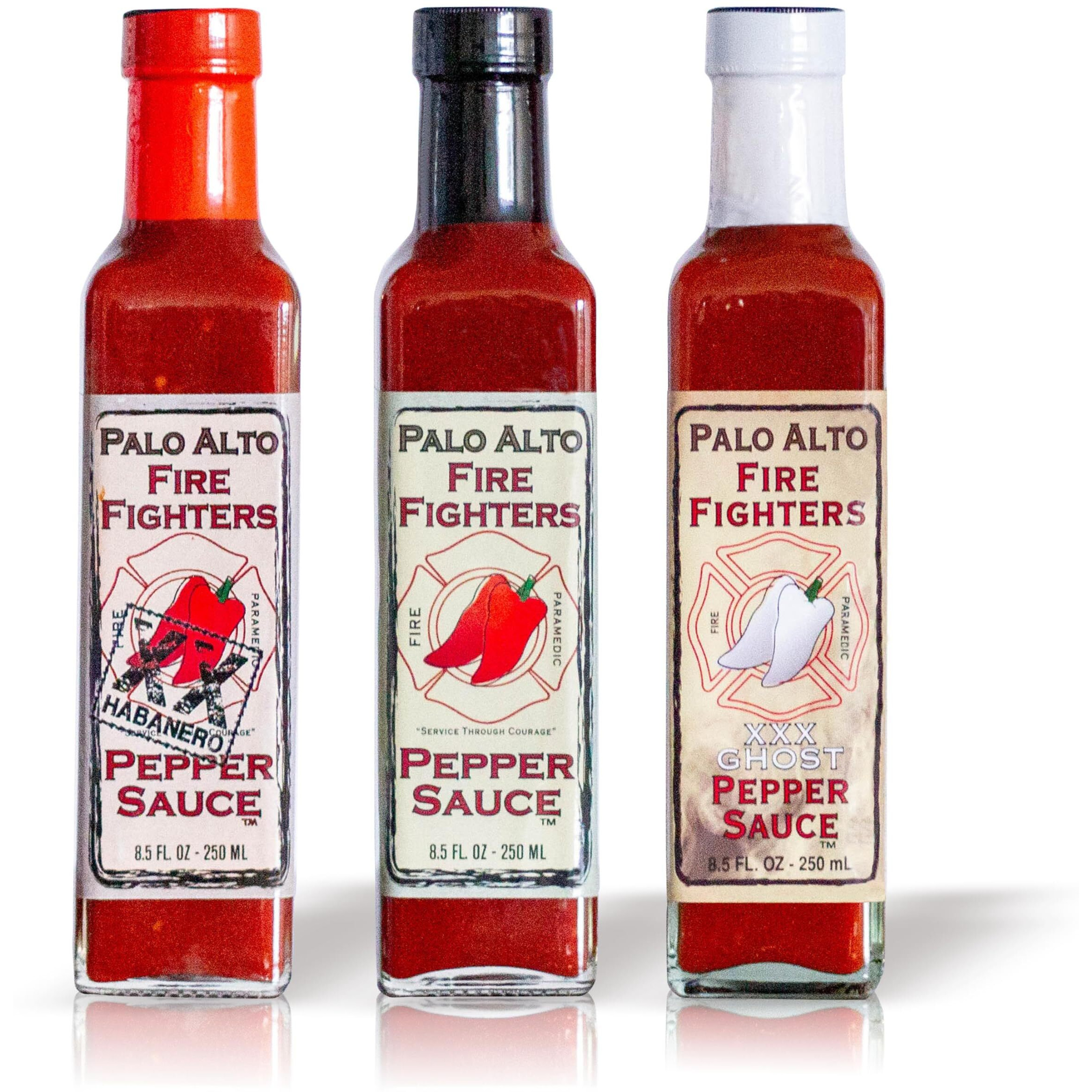 Palo Alto Firefighters Pepper Sauce Variety Pack (8.5Oz) - Pack Of 3 (Original, Habanero, Ghost Pepper) - Salt Free Pepper Plant Hot Sauce, No Sodium Hot Pepper Sauce, No Salt Sauces