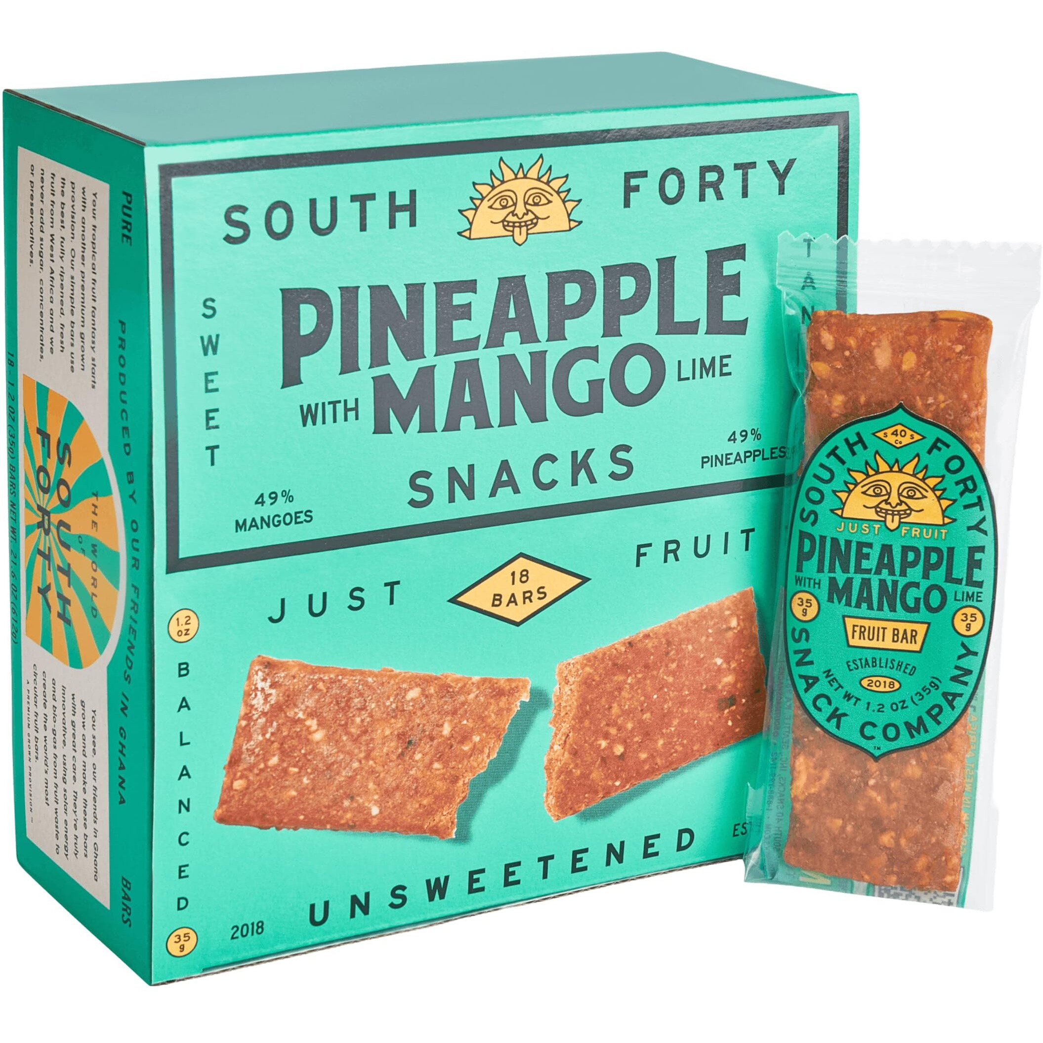 South 40 Snacks Premium Tropical Pineapple Mango Lime Fruit Bar, Just Three Ingredients, Unsweetened, No Added Sugar, Individually Wrapped (35G Bar, Pack Of 18)
