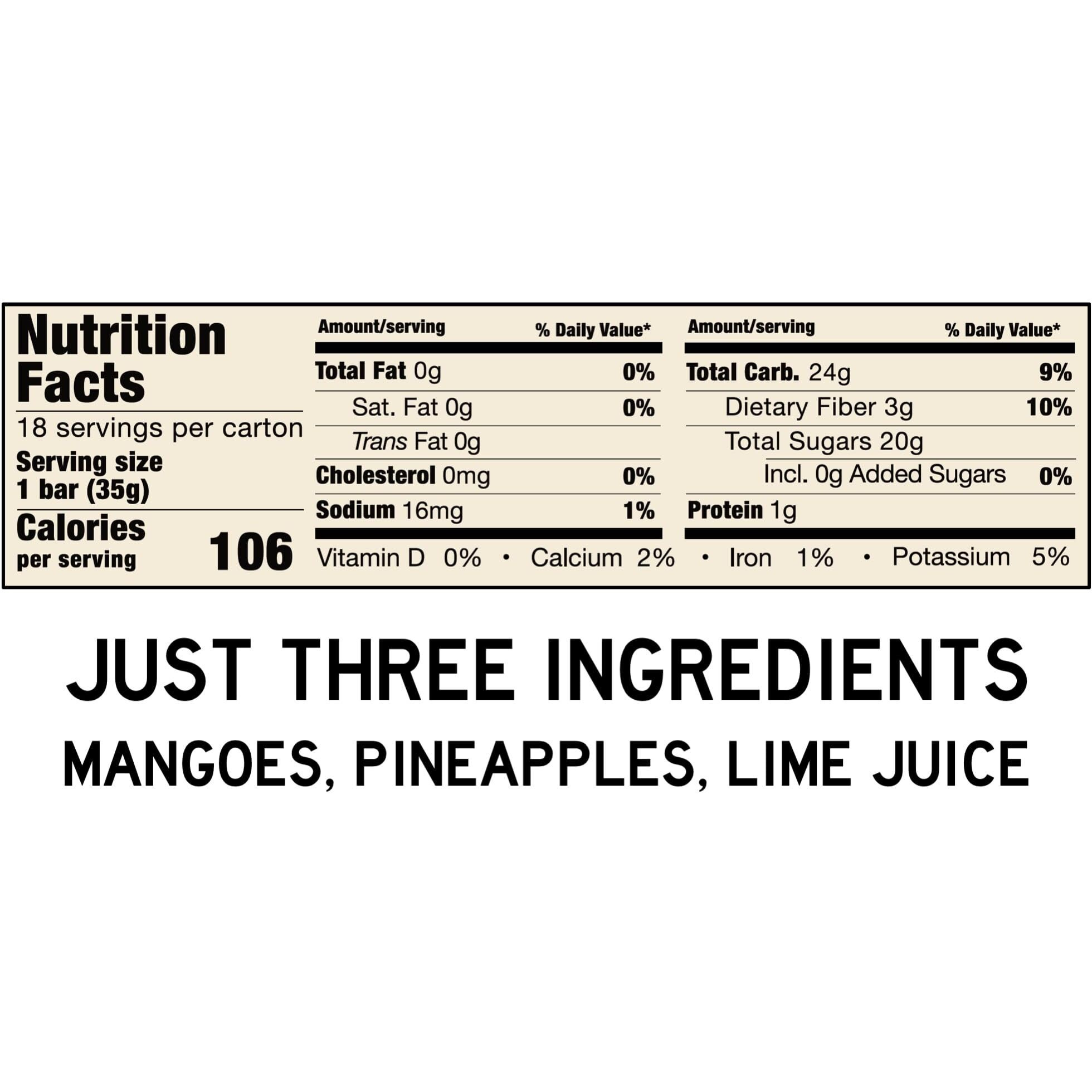 South 40 Snacks Premium Tropical Pineapple Mango Lime Fruit Bar, Just Three Ingredients, Unsweetened, No Added Sugar, Individually Wrapped (35G Bar, Pack Of 18)