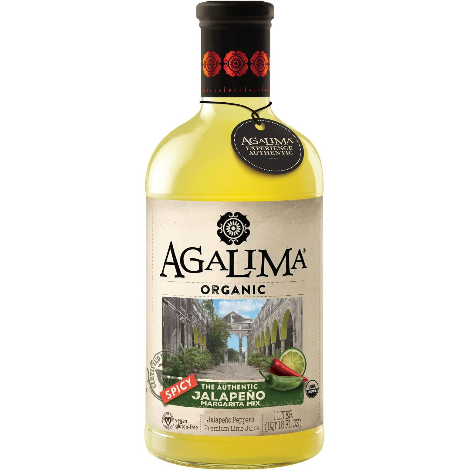 Agalima Authentic Organic Spicy Jalapeno Margarita Drink Mix, All Natural, 1 Liter (33.8 Fl Oz) Glass Bottle, Individually Boxed