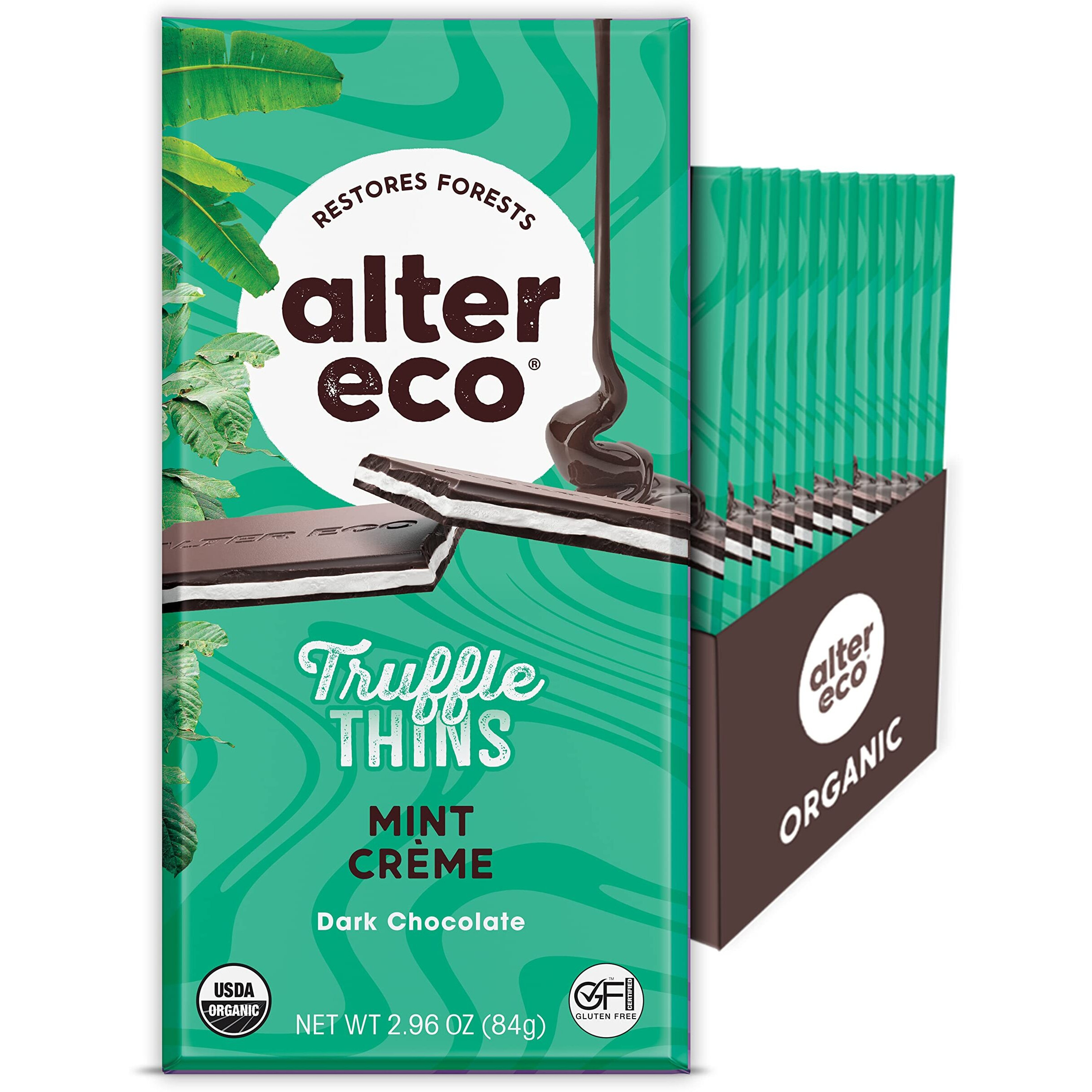 Alter Eco Mint Creme Truffle Thins, Chocolate Bar With Gooey Ganache Truffle Filling, Gluten-Free, Non-Gmo Snacks, No Additives Or Artificial Sweeteners, Fair Trade, Recyclable Packaging (12-Pack Mint Creme)