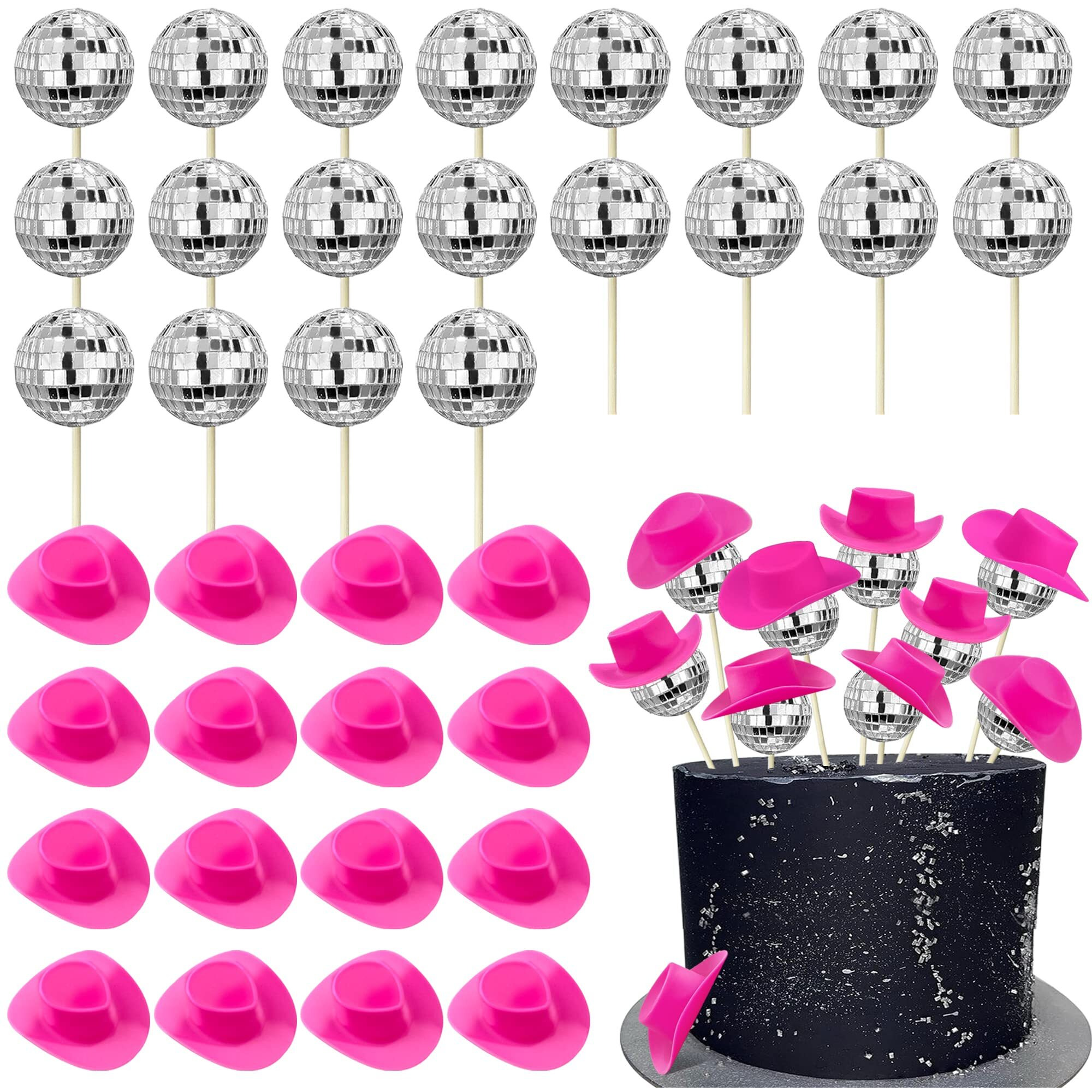 40 Pcs Disco Ball Cake Decorations 20 Pcs Disco Ball Cupcake Toppers 20 Pcs Pink Cowboy Hat Cake Toppers Disco Theme Cake Picks Mini Western Cowgirl Hat Cake Toppers For Disco 1970S Theme Party Favor