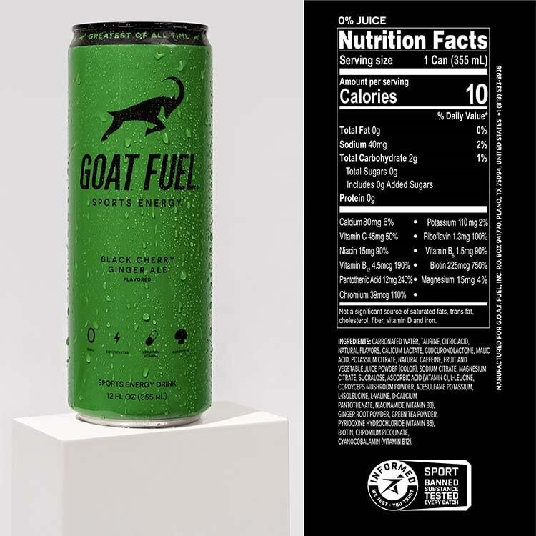 Goat Fuel Preworkout Sports Energy Drink - Sugar-Free Pre Workout Healthy Energy Drink - Increase Mental And Physical Performance - With Cordyceps Mushroom, Bcaas And Electrolytes 12 Pack Black