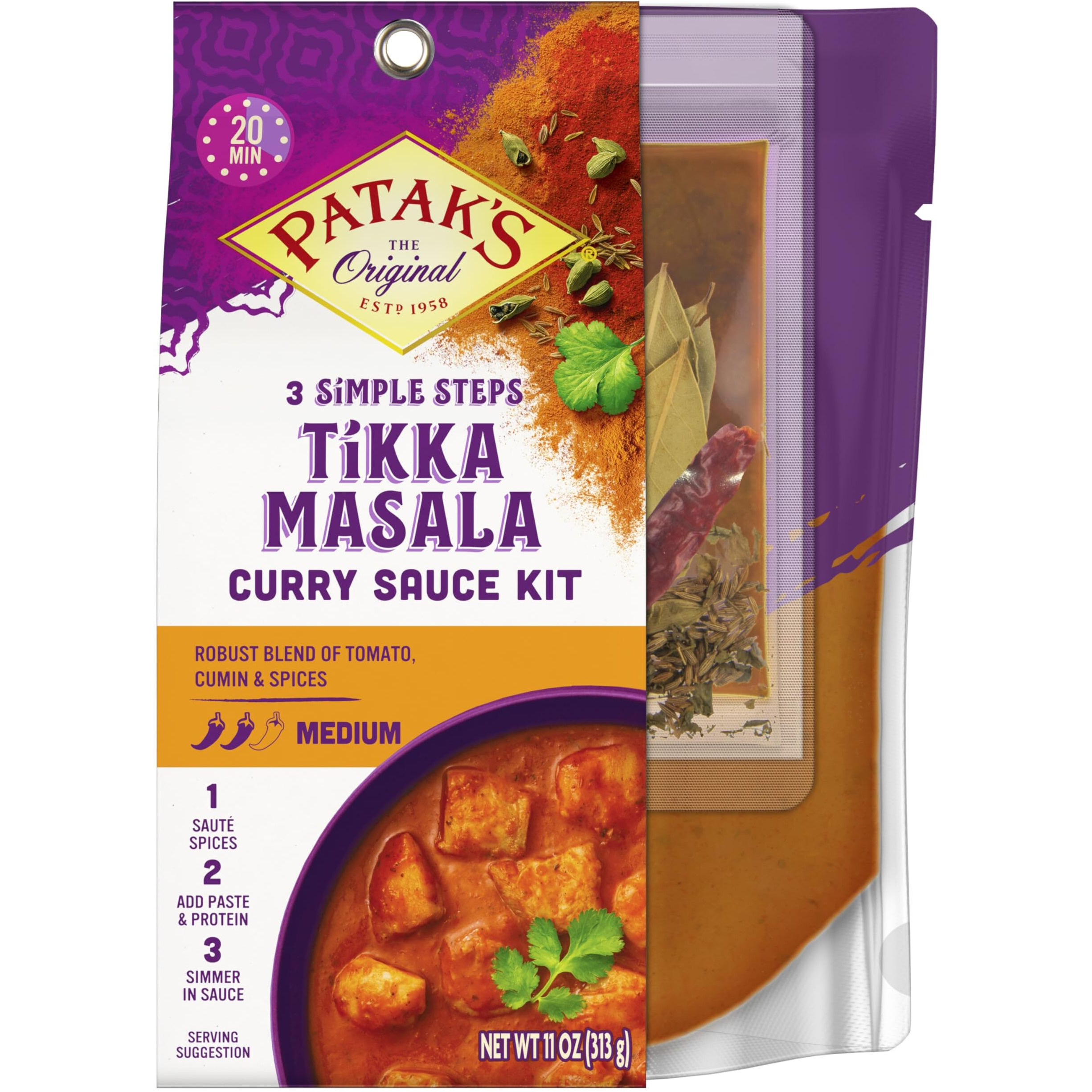 Patak's Tikka Masala Curry Sauce 3-Step Kit, Pre-Measured Ingredients Included, Fragrant Whole Spices, Tikka Masala Curry Spice Paste, And A Base Sauce, Vegetarian Friendly, 11 Oz (Pack Of 6)