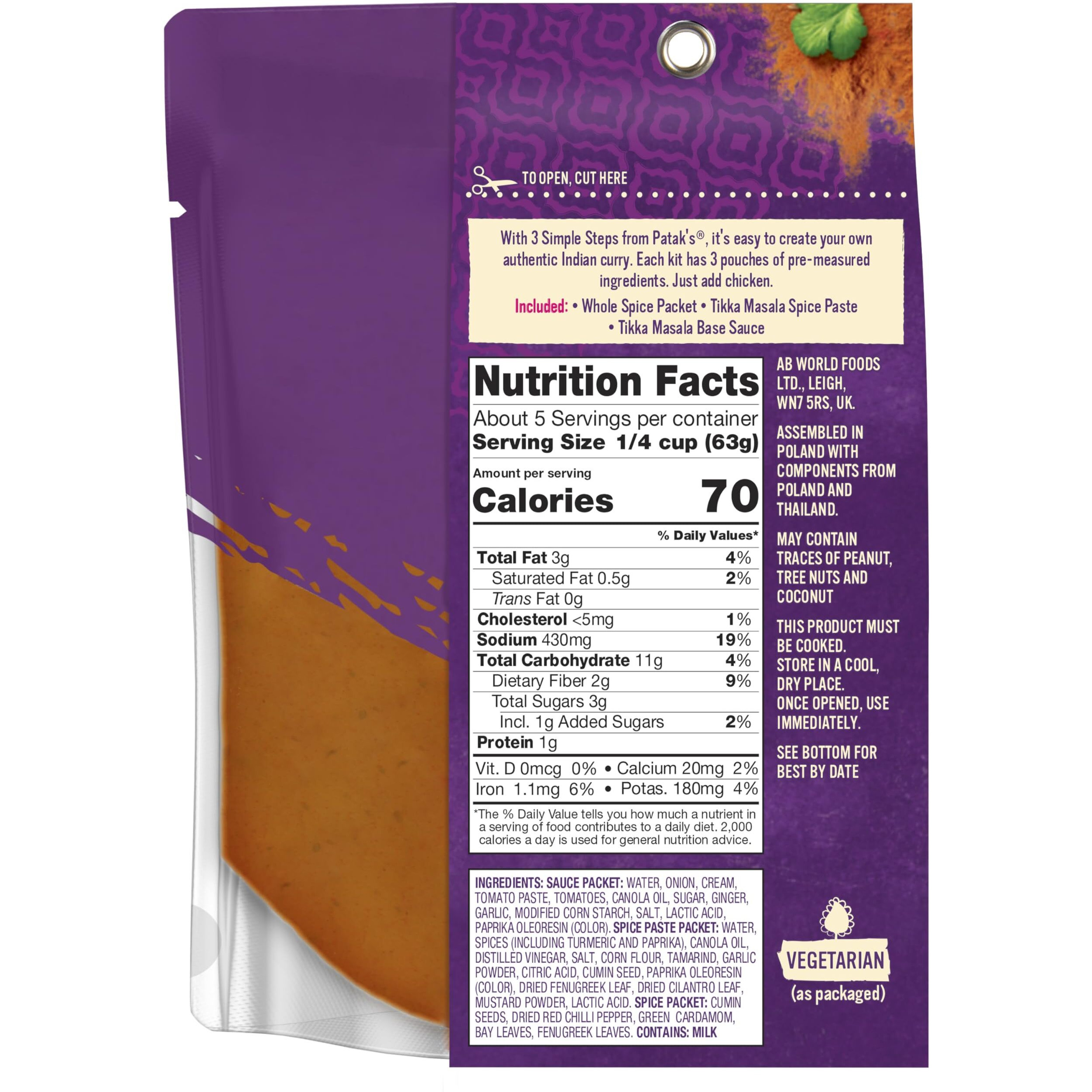 Patak's Tikka Masala Curry Sauce 3-Step Kit, Pre-Measured Ingredients Included, Fragrant Whole Spices, Tikka Masala Curry Spice Paste, And A Base Sauce, Vegetarian Friendly, 11 Oz (Pack Of 6)