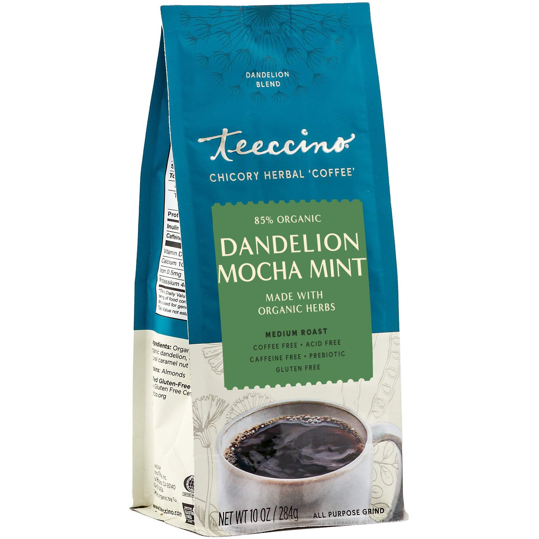 Teeccino Dandelion Mocha Mint Herbal Coffee - Caffeine-Free Coffee Alternative With Prebiotics, Gluten Free, Acid Free - Medium Roast, 10 Oz