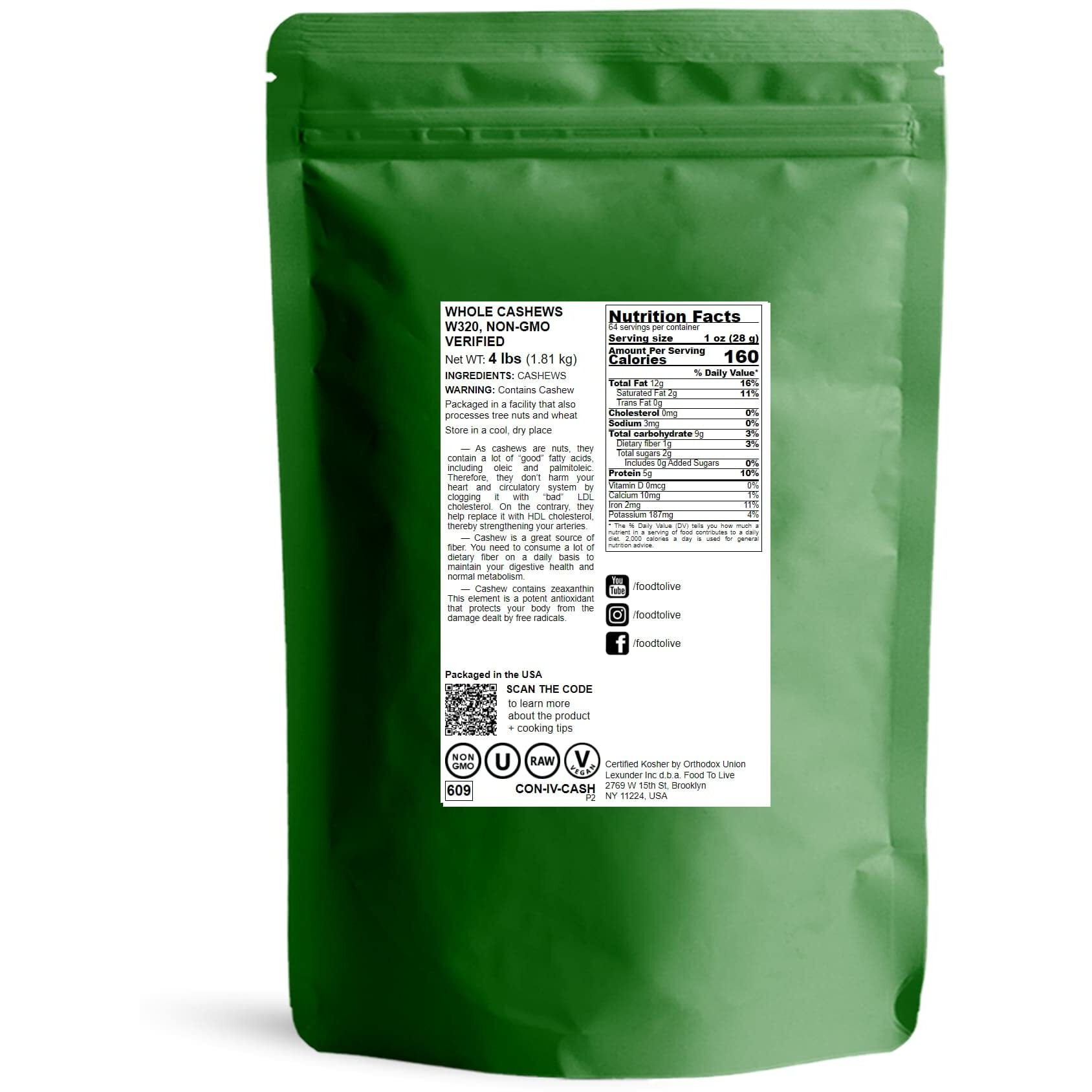 Food To Live - Raw Cashews, 4 Pounds Deluxe Whole Nuts, Unsalted, Unroasted Fancy Snack, Size W-320, Kosher, Vegan, Bulk, A Good Source Of Magnesium, Phosphorus, Manganese & Copper