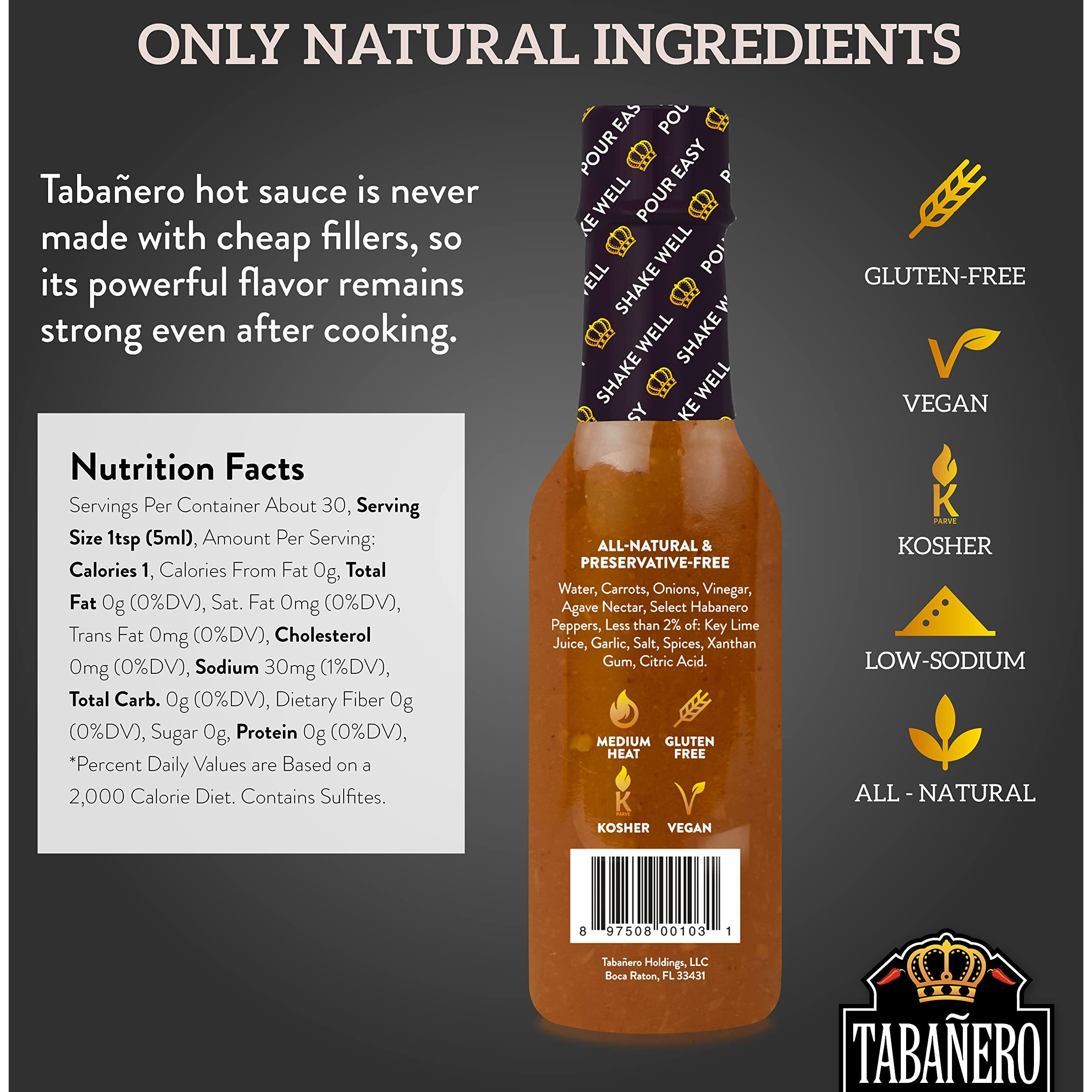 Original Hot Sauce By Tabaero, Gourmet Hot Sauce Gift, Fiesta Party Favors, All Natural, Gluten Free, Low Sodium, Vegan, Kosher, Made In The Usa, 5 Oz. Hot Sauce Bottle