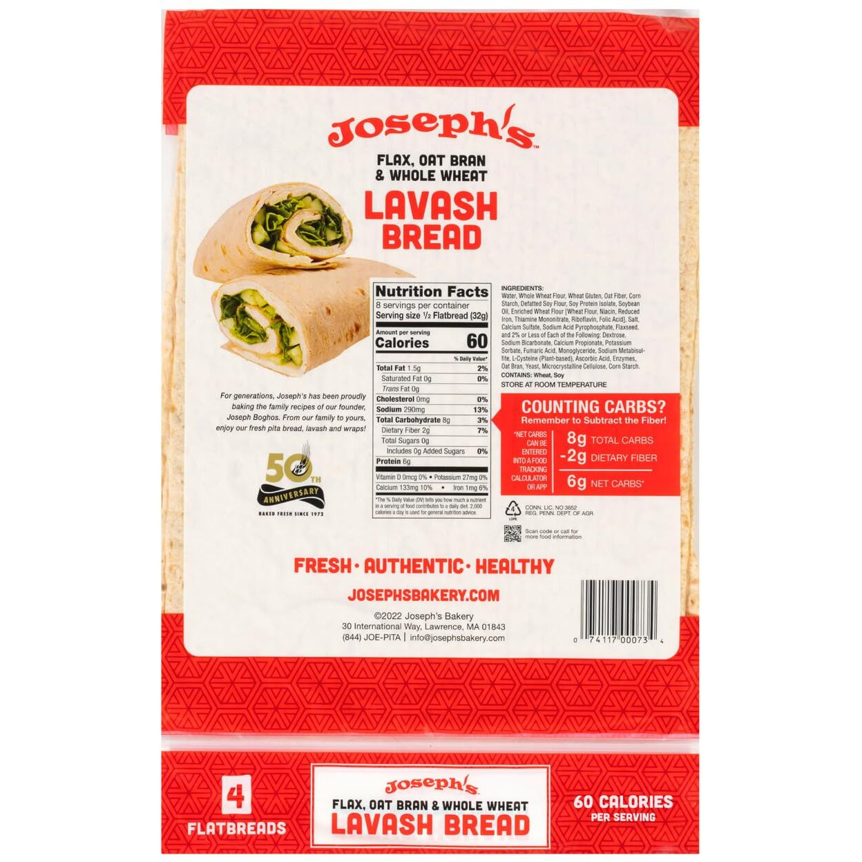 Joseph's Bakery Lavash Bread, Flax Oat Bran & Whole Wheat, Reduced Carb, Fresh Baked (8 Count Flax)