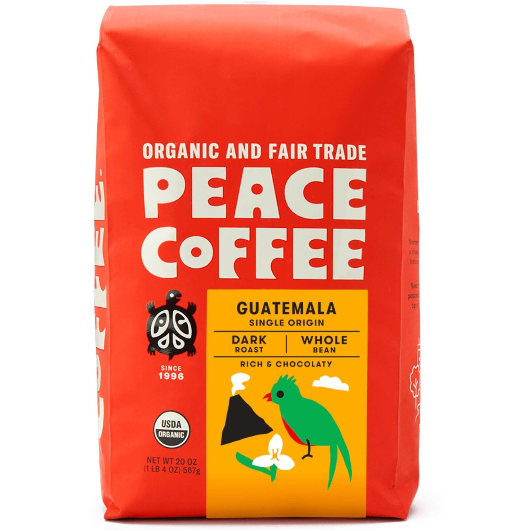 Peace Coffee Guatemala Single Origin Coffee | 20 Oz Whole Bean Dark Roast | Organic Fair Trade | Rich, Chocolatey Flavor | Shade Grown, Fresh Roasted
