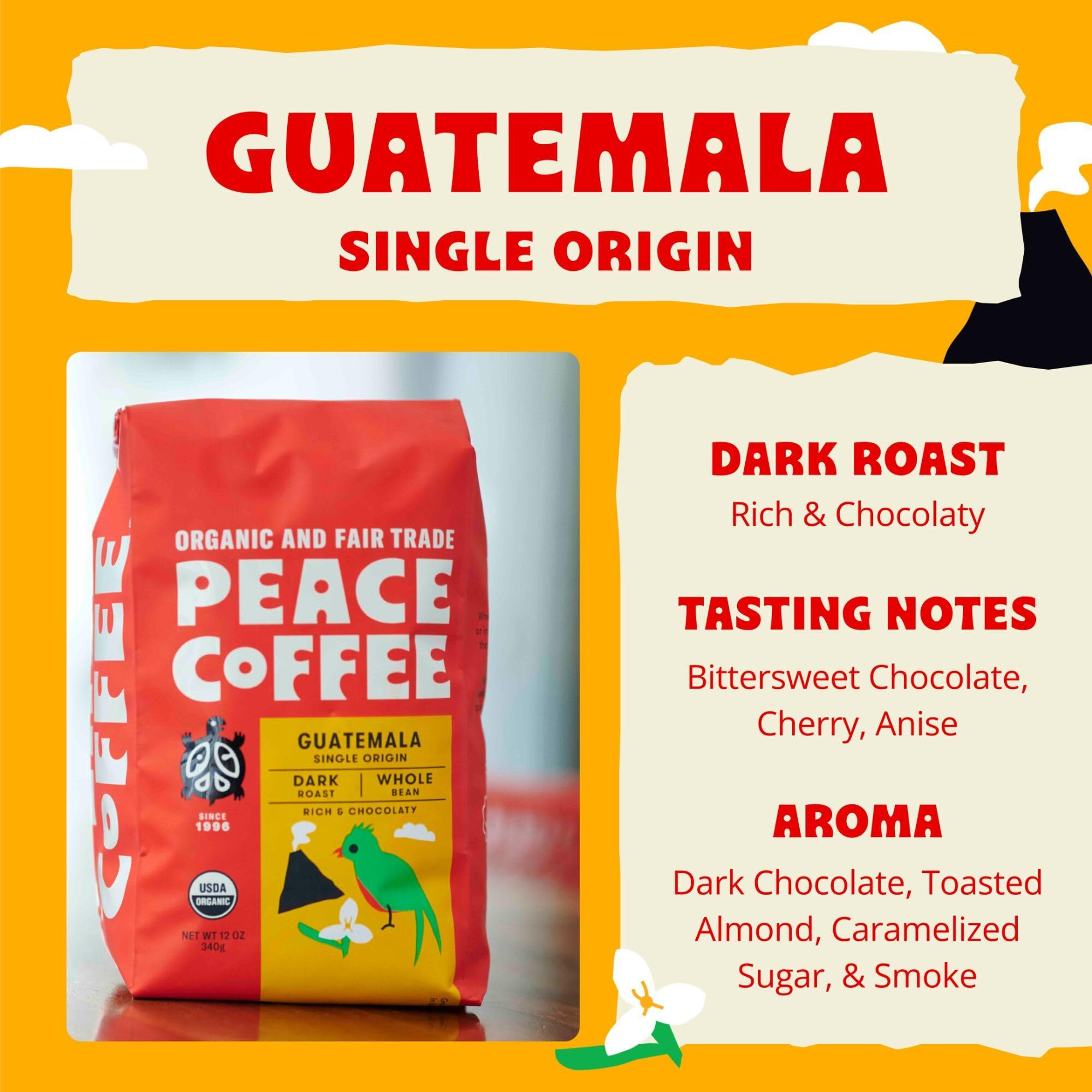 Peace Coffee Guatemala Single Origin Coffee | 20 Oz Whole Bean Dark Roast | Organic Fair Trade | Rich, Chocolatey Flavor | Shade Grown, Fresh Roasted