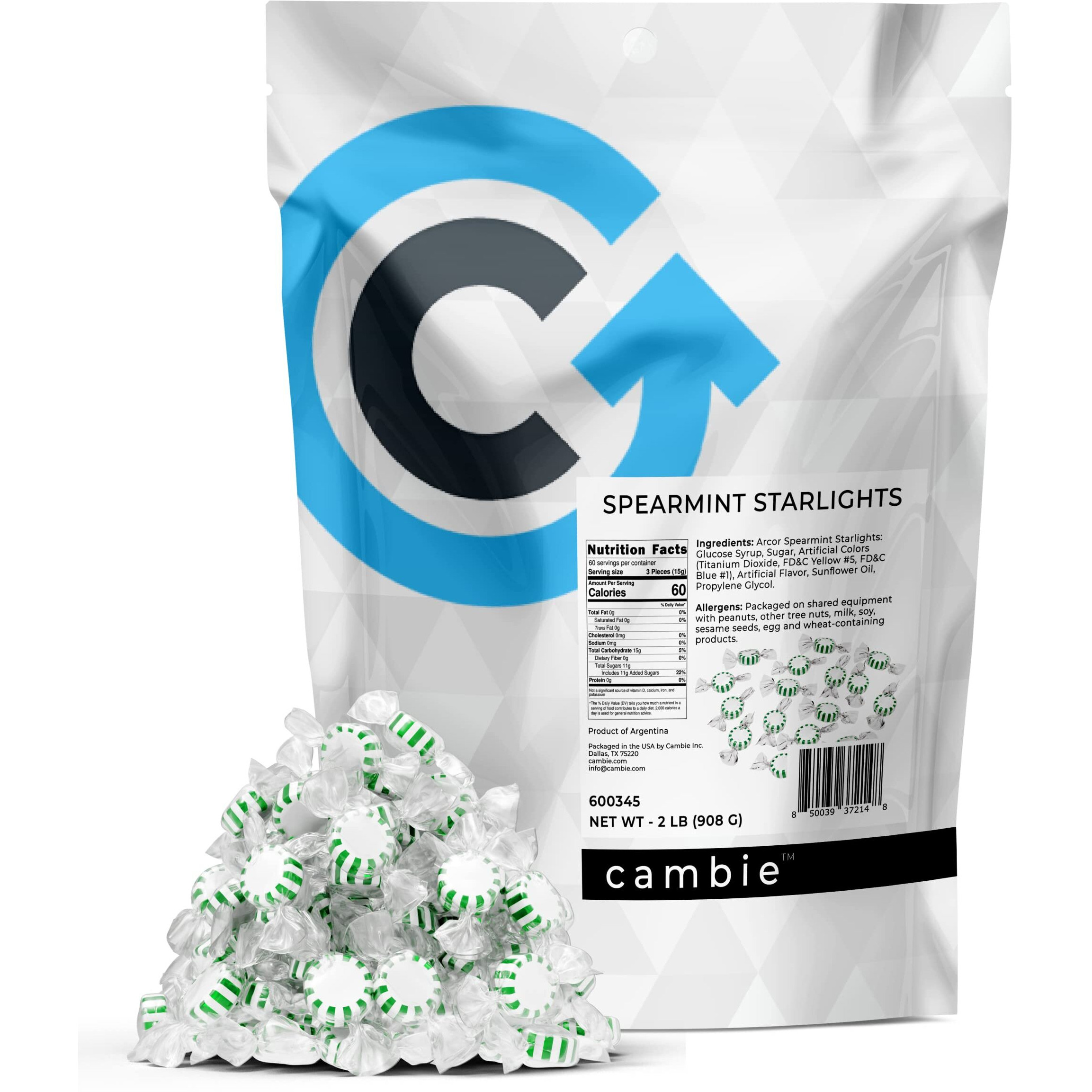 Arcor Spearmint Starlights Candy By Cambie | 2 Lbs Of Spearmint Starlight Mints | Individually Pinwheel Mint Hard Candy | Deliciously Sweet Mint Candy From Argentina, 2 Lb