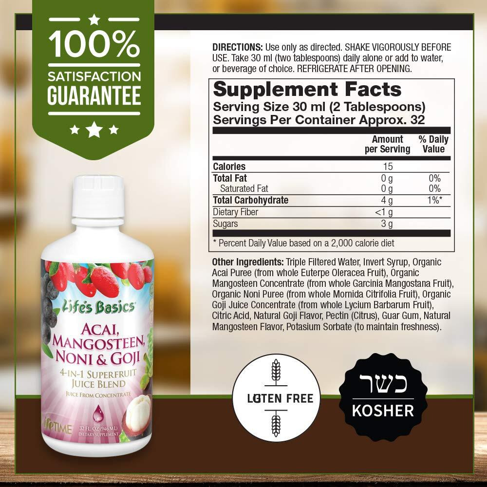 Lifetime Acai, Mangosteen, Noni & Goji Superfruit Juice Blend | Dynamic Antioxidant, No Gluten | For Healthy Circulation & Immunity | 32 Fl Oz
