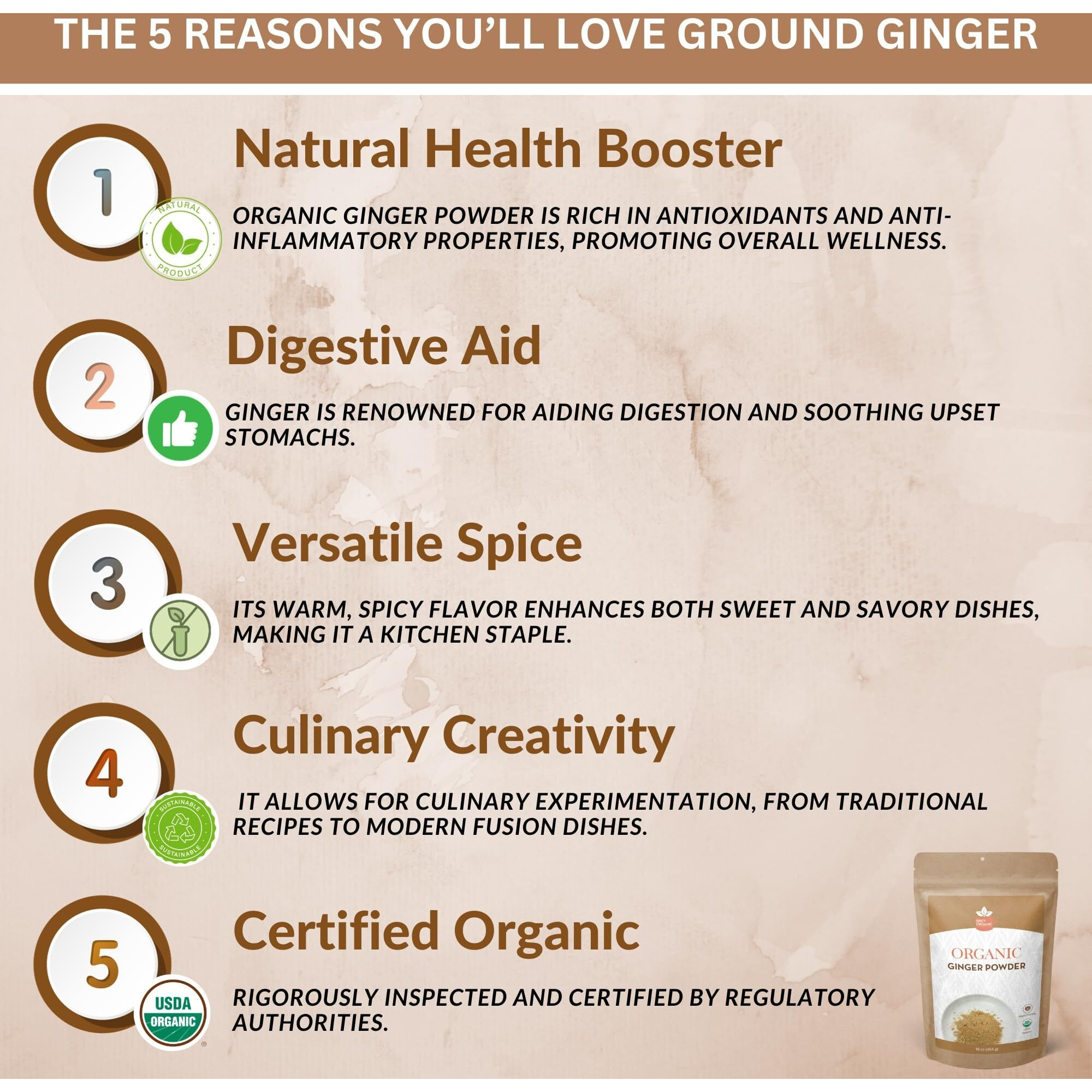 Spicy Organic Ginger Root Powder - 16 Oz. - Freshly Ground From Raw, Indian Ginger, Dried Spice For Baking, Beverages And Cooking - 100% Pure, Usda Certified Organic Ginger - Non-Gmo & Kosher