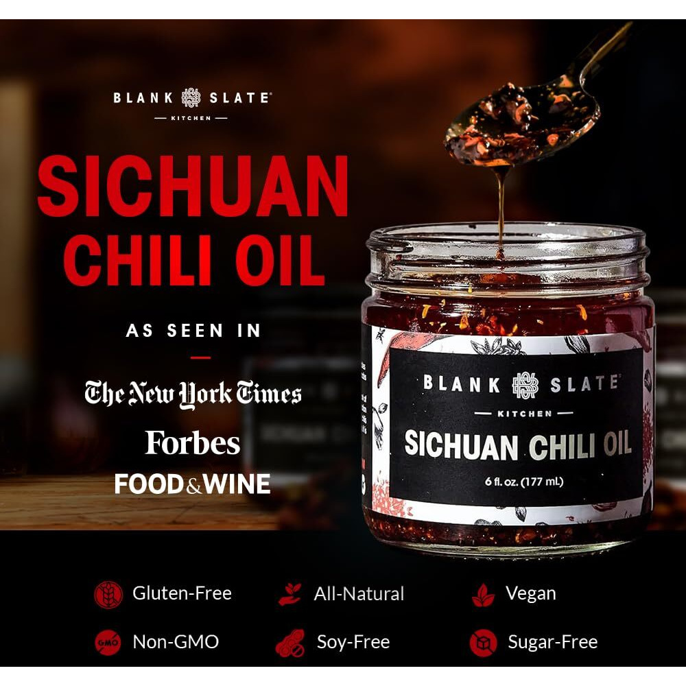 Blank Slate Kitchen Sichuan Chili Oil (6 Oz) | Gourmet Spicy Tingly Numbing Umami Hot Sauce | Authentic Chinese Mala | Vegan, Gluten-Free, Sugar-Free, Non-Gmo, No Msg
