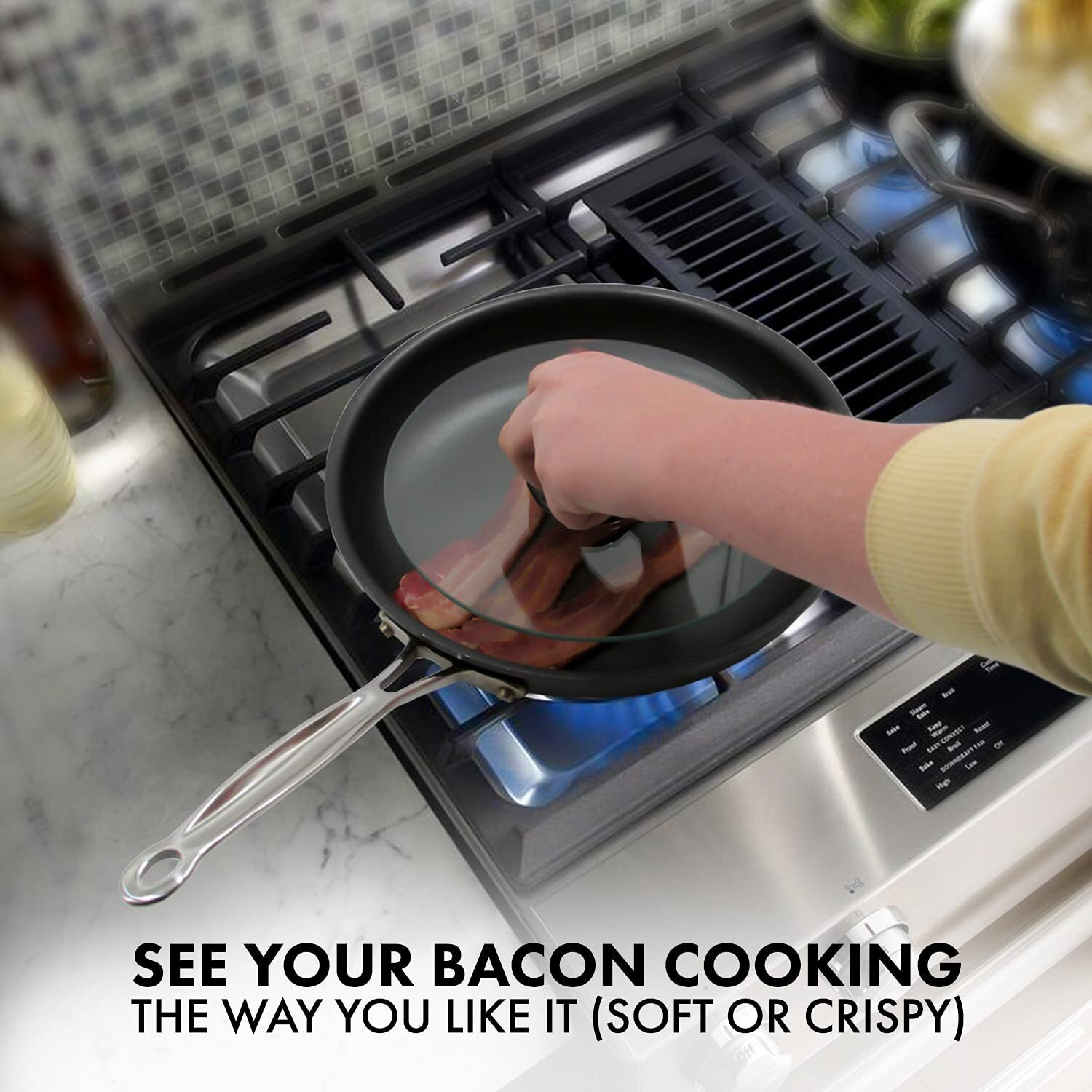 Northwest Enterprises Bacon Press, Round Tempered Glass Bacon Press And Splatter Shield, Perfectly Cooked Flat Bacon Every Time (8 Inch)