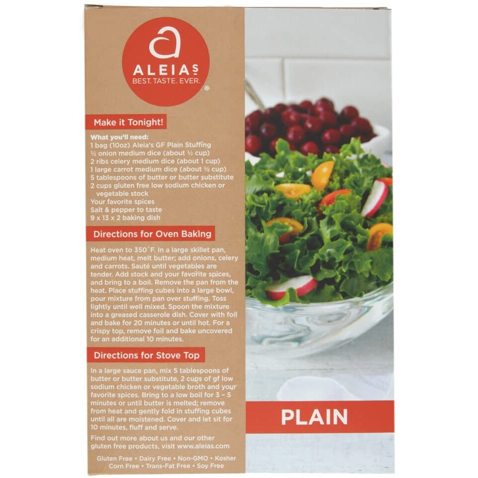 Aleia's Best. Taste. Ever. Plain Stuffing Mix - 10Oz / 2 Pack - Authentic Taste, Classic Stuffing For Gluten Free Recipes, Certified Gluten Free, Non-Gmo, Corn Free, Soy Free, Dairy Free, Low Sodium