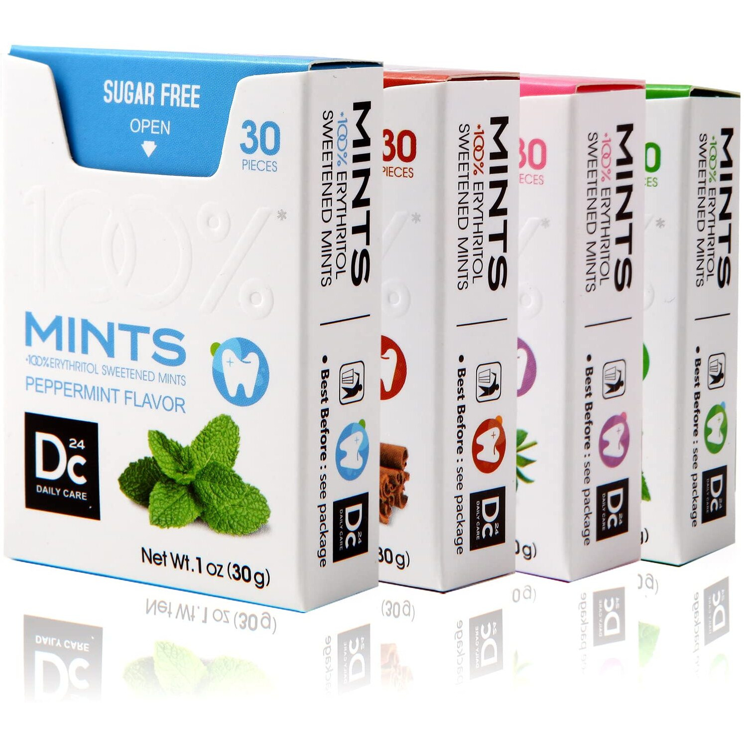 Dc24 Daily Care 0-Calorie Breath Mints,100% Erythritol, Sugar Free For Dry Mouth, Gluten Free, Assorted Flavor, 30 Count, Pack Of 4