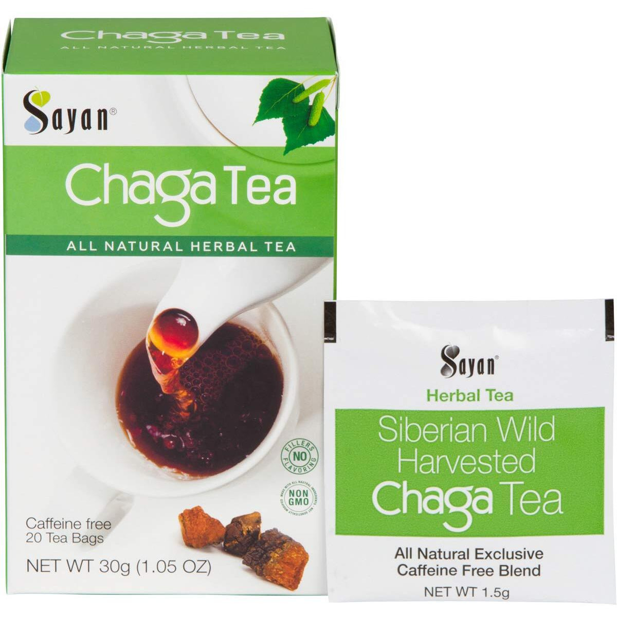 Sayan Siberian Chaga Mushroom Tea 1.05 Oz / 30G - 20 Unbleached Bags, Wild Harvested Organic Antioxidant No Caffeine. Raw And Extract Blend. Immune, Digestion Support. Detox, Focus Energy Boost
